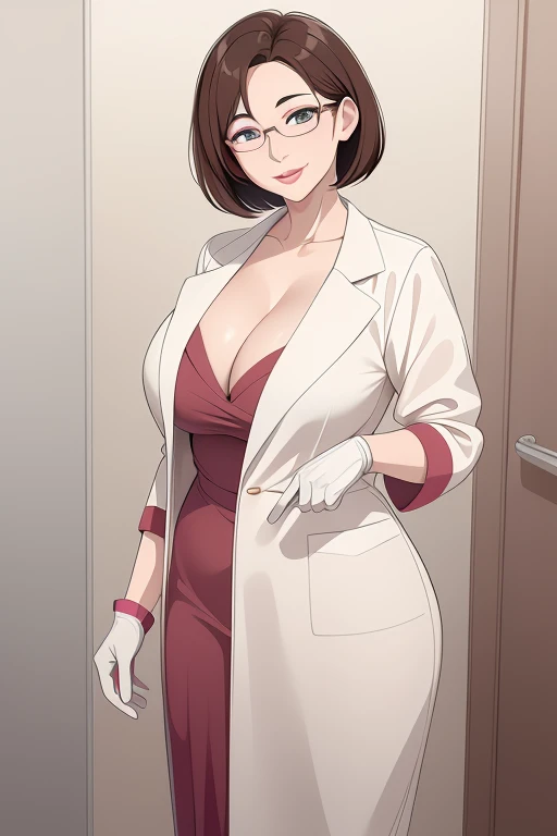 best quality, glossy, 4k, ((artwork)), extremely detailed, 8k, mature woman, milf, short brown hair, glasses, doctor's jacket, surgical gloves, no background, large breasts, full lips, smile, standing, beautiful eyes, wonderful eyes, detailed eyes, most realistic eyes in the world