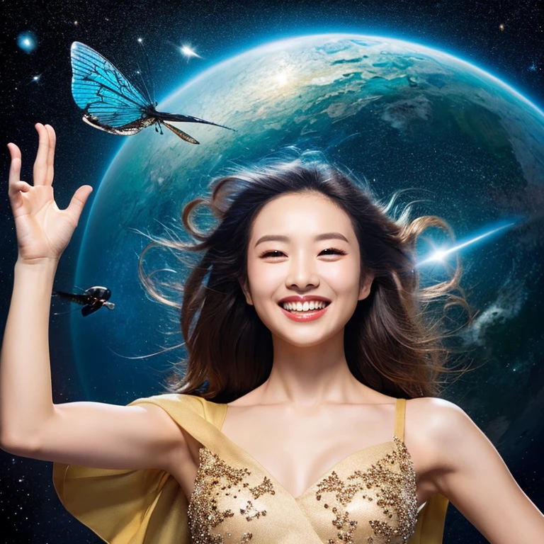 universe、planet、beauty、woman２people、fly in the sky、whole body、smile、Show half of your teeth、masterpiece、Mysterious