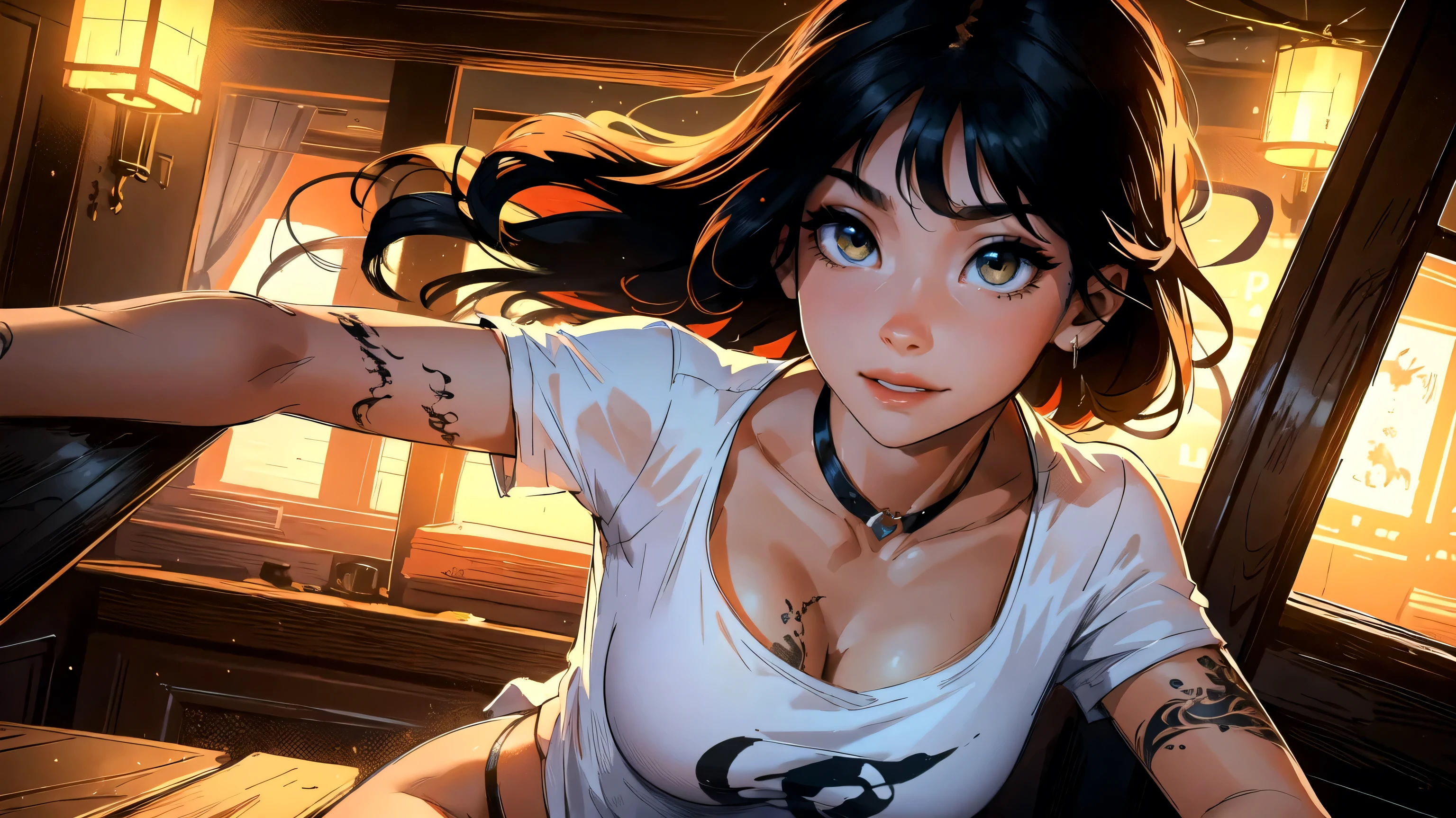 Photorealistic, high resolution, Soft light,1womanl, Solo, Hips up, (Detailed face),tattoo dragon, jewelry, t-shirt with rough chest, Beautiful soldiers, Grab the audience's eye, Lover's perspective, Invitation expression, Sexy smile, Perfect style, Perfect balance, Detailed skin, mischievous gaze, chest visible,multi color hair ,amber eyes. sexy ,hair with bangs