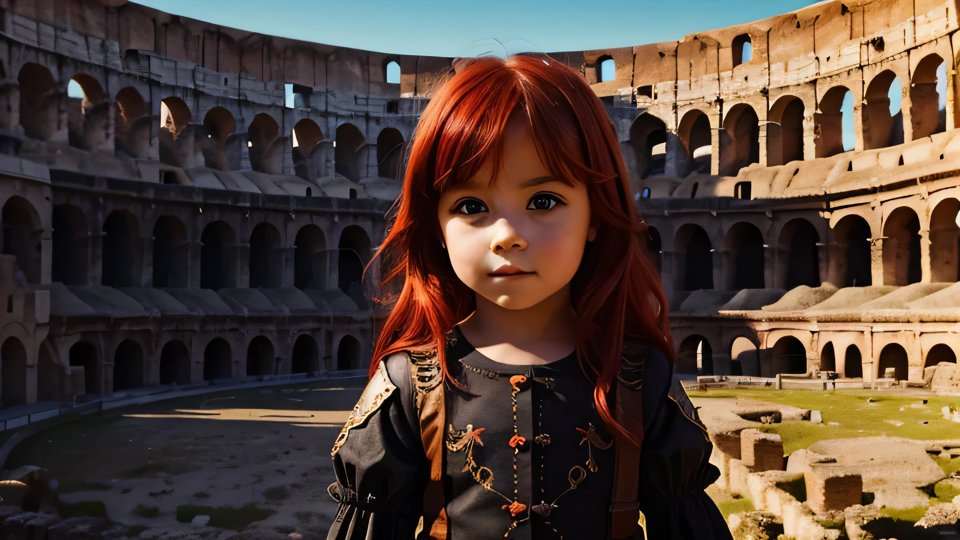 3 year old girl with red hair, in a colosseum, surrounded by ravens, (best quality:1.2)ultra-detailed, realistic, vibrant colors, portrait, ancient architecture, dramatic lighting
