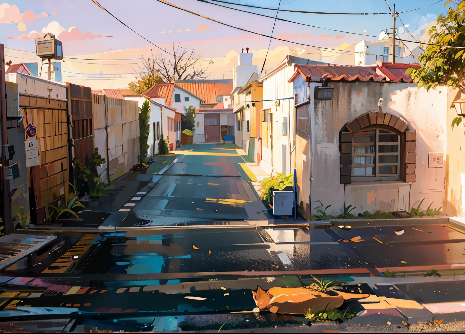 cuadro de una casa con un gato caminando por la calle, Arte de fondo animado, fondo de la casa, a beautiful art illustration, cozy home background, pintado en estudio de pintor anime, detailed 2D illustration