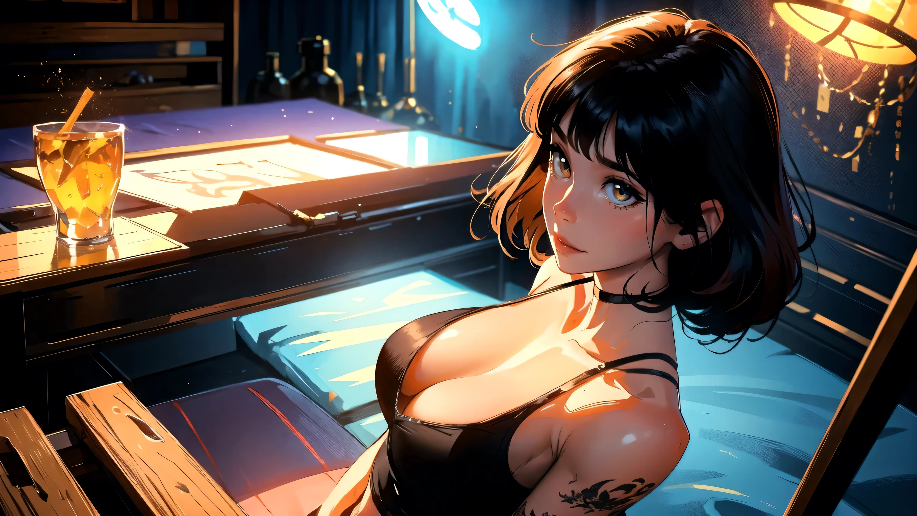 Photorealistic, high resolution, Soft light,1womanl, Solo, Hips up, (Detailed face),tattoo dragon, jewelry, t-shirt with rough chest, Beautiful soldiers, Grab the audience's eye, Lover's perspective, Invitation expression, Sexy smile, Perfect style, Perfect balance, Detailed skin, mischievous gaze, chest visible,multi color hair ,amber eyes. sexy ,hair with bangs