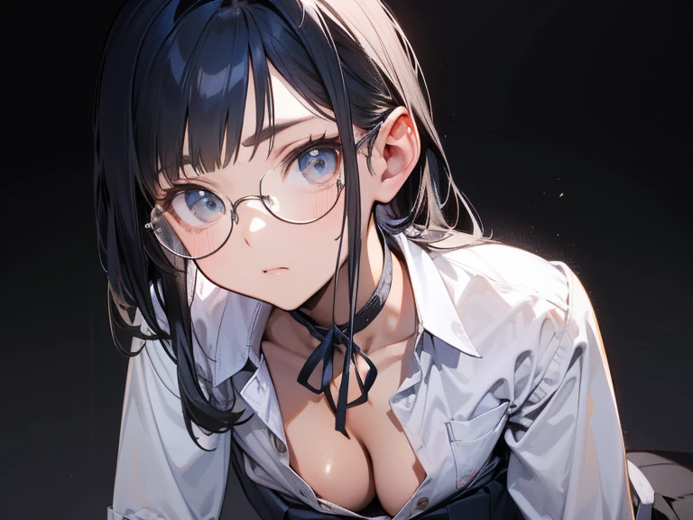 masterpiece、Perfect hand drawing、Beautiful body lines、cute、 (Thick neck:1.4)、Thick body、(Broad shoulders:1.4)、(wide cleavage:1.2) (Makes your face smaller)、(Pointed ?????:1.6)、Model Body Type、(F cup ???????:1.2)、White bra:1.5、15 years old、Sharp eyes、Big moist eyes、Impatience and embarrassment:1.2、((school uniform:1.2))、Shirt and knee-length skirt、(Face Focus:1.4)、Disheveled long hair、Glasses、????????????, covering the viewer:1.2、Very detailed, Detailed Background, Cinematic lighting, (Unbuttoned shirt:1.5)