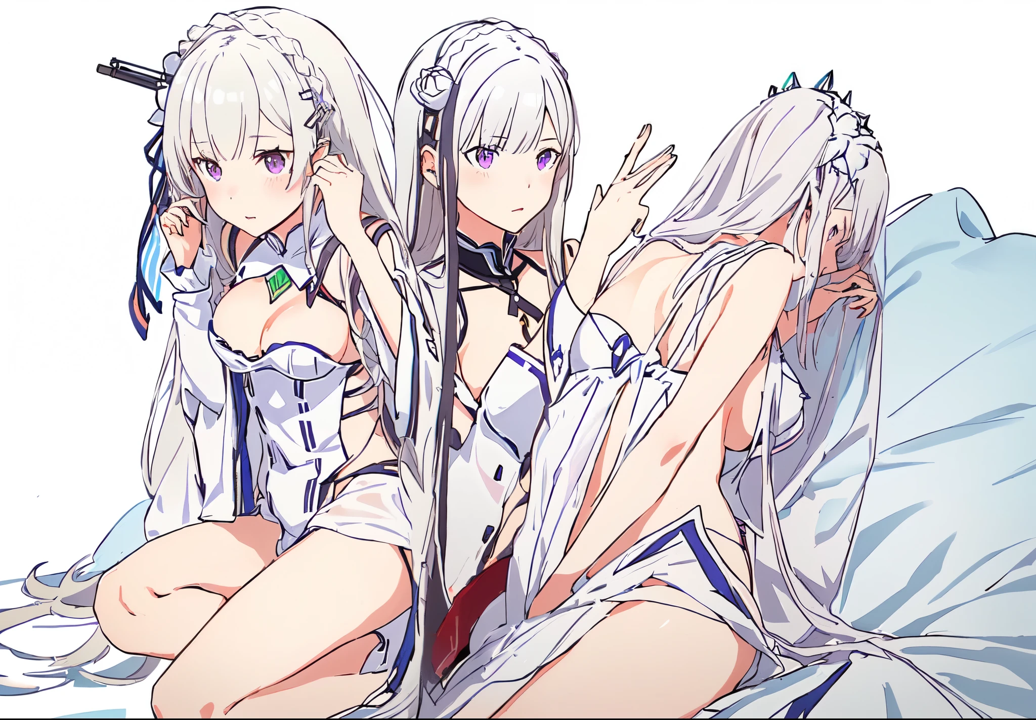 Emilia re:zero, purple eyes, Emilia, crown braid, x hair ornament, flower hair ornament, white hair, long hair, medium , anime image of two women in lingersuits with guns, from girls frontline, rule 34, m4 sopmod ii girls frontline, pixiv 3dcg, fine details. girls frontline, 4k post, 4 k post, girls frontline style, popular on pixiv, at pixiv, pixiv, kantai collection style