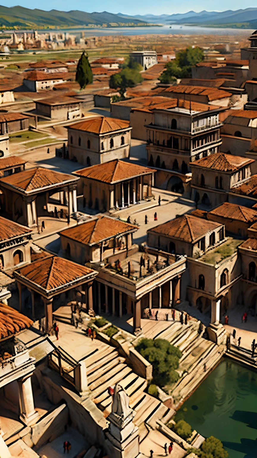 ciudad muy grande, desde arriba. esplendor y grandiosidad. hermoso y detallado edificio donde se muestra la gente y la vida de la ciudad. al estilo del griego antiguo