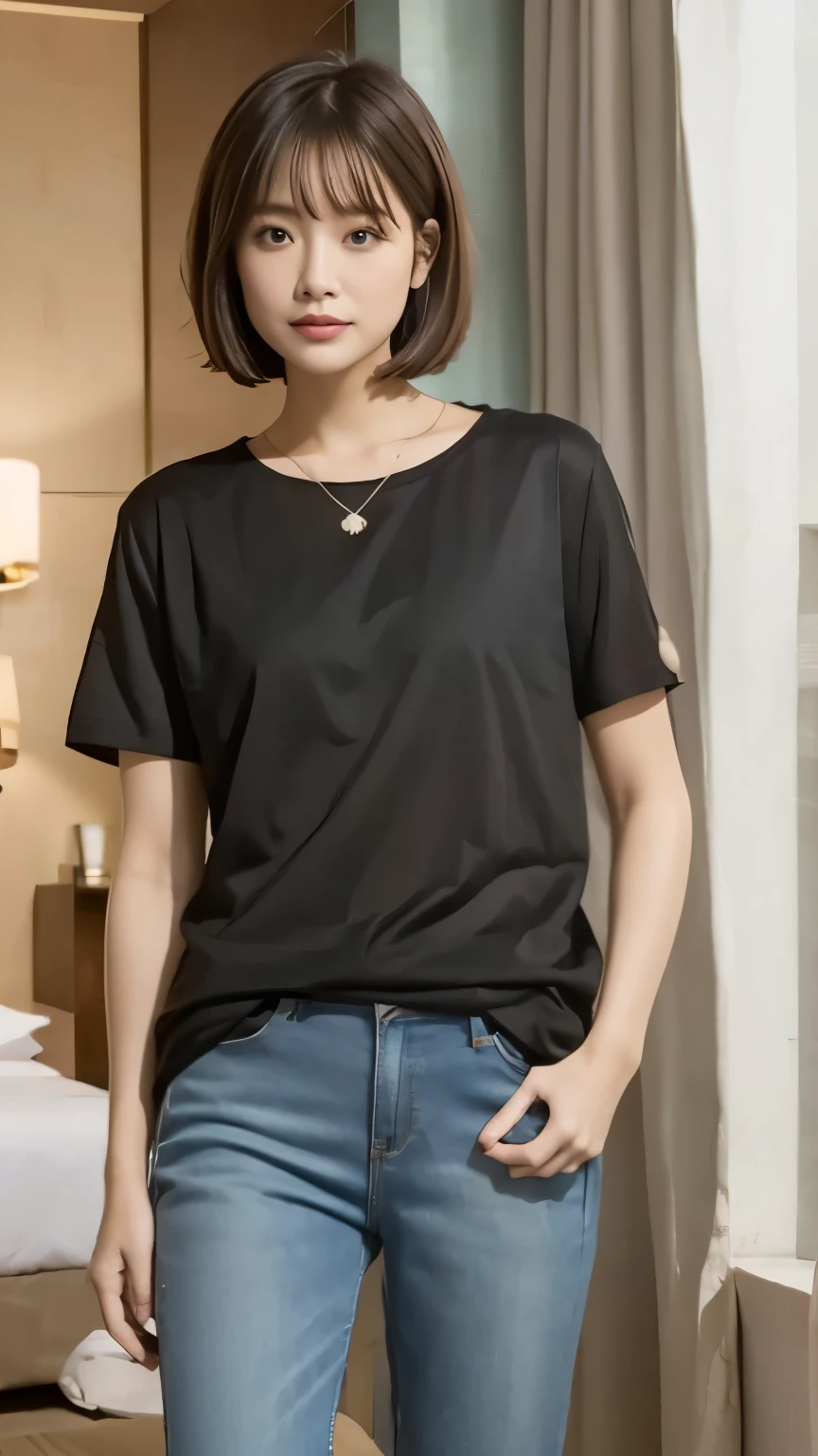 Hotel Rooms:1.3, Denim pants:1.2, Short sleeve T-shirt, Balanced style, Medium Bob