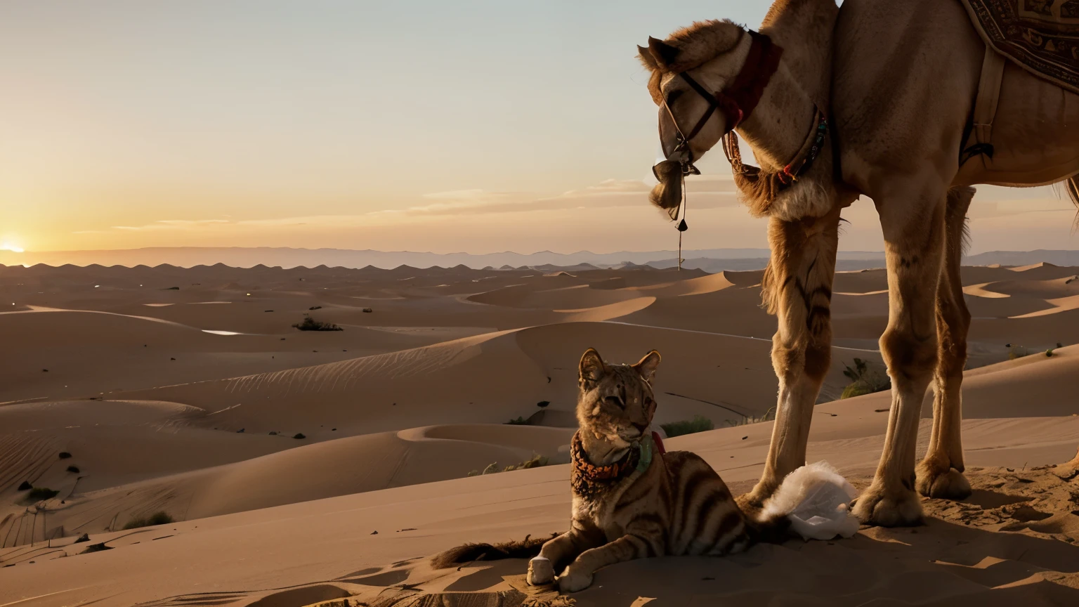 A striking photo-realistic image of a humanized cat, adorned with a turban and riding atop a camel in a vast desert. The cat's eyes reveal an air of wisdom and adventure, and its fur is soft and luxurious. The camel, with a patient and stoic expression, matches the cat's scale and color, creating an unusual yet harmonious duo. In the background, the golden sand dunes and a sun setting over the horizon create a serene desert atmosphere.