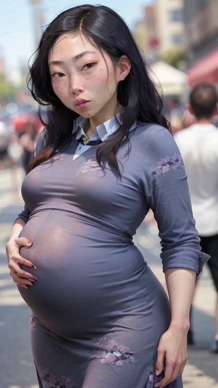 1girl, Awkwafina, hot, celebrity, breasts, big pregnancy belly, dress