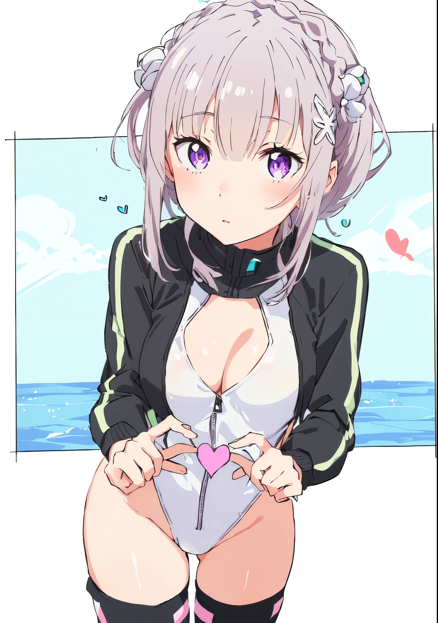 Emilia re:zero, purple eyes, Emilia, crown braid, x hair ornament, flower hair ornament, white hair, long hair, medium breasts, anime girl with a black jacket holding a pink heart, rin, is wearing a swimsuit, seductive anime girl, swimsuit, asuka suit under clothes!, at pixiv, top rated on pixiv, rei hiroe, anime moe artstyle, marin kitagawa fanart, (anime girl), pixiv, oppai, popular on pixiv