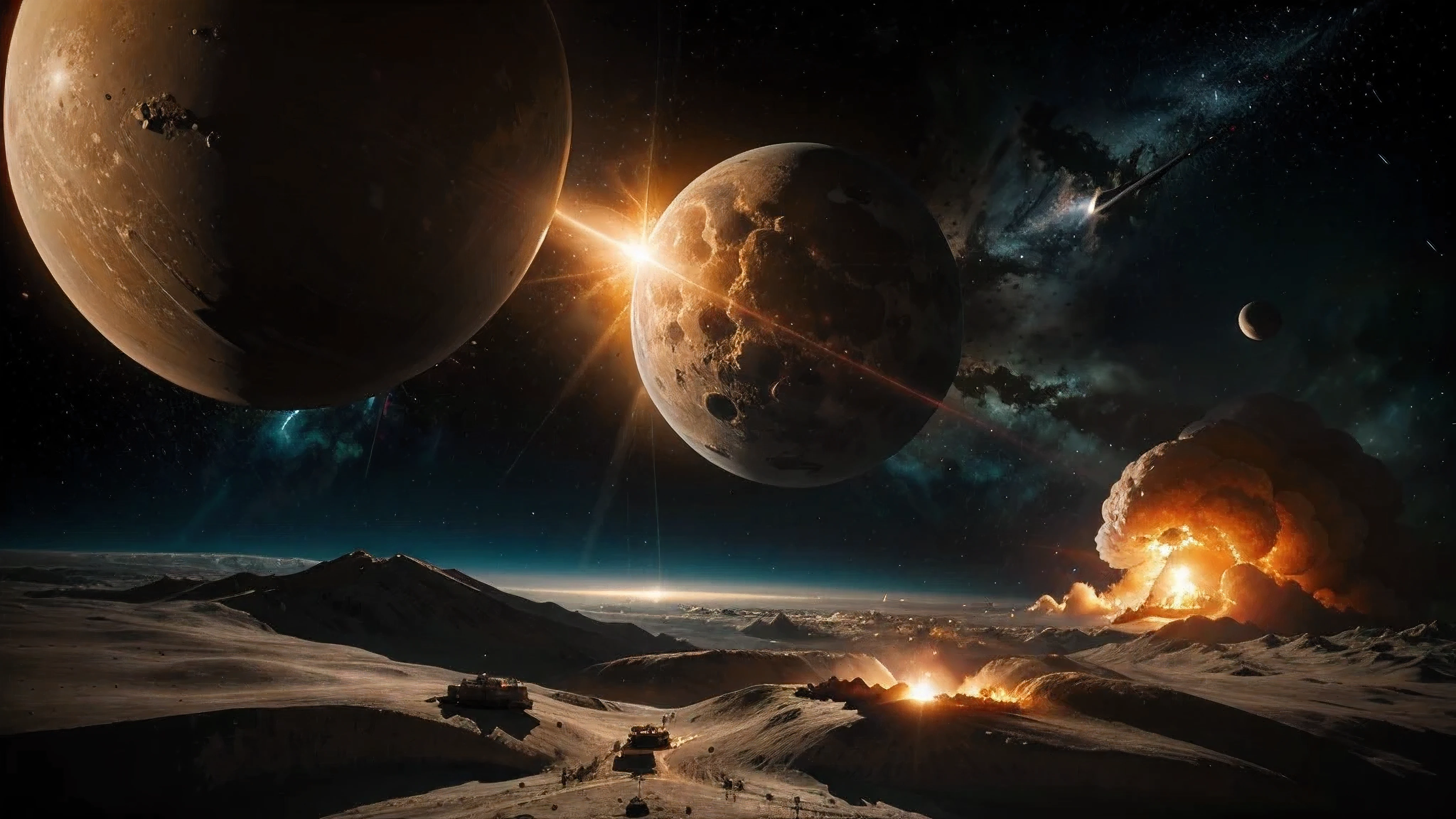 A nuclear bomb, destruction, large planets and stars in space