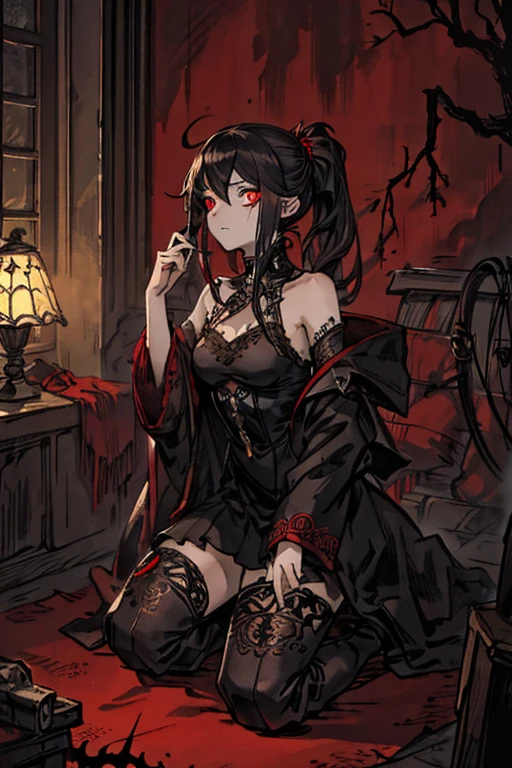 1girl, mullet hairstyle, (Glowing scarlet eyes:1.2), No humans, (Intricate details:1.2), (dark circles:1.1), midnight aura, dramatic, scary, a dark corner, kneeling, the nightmare emerges, representation of a nightmare, penumbra, intricate background, full shot, (Highly detailed), (high resolution), (Best quality), (masterpiece)
