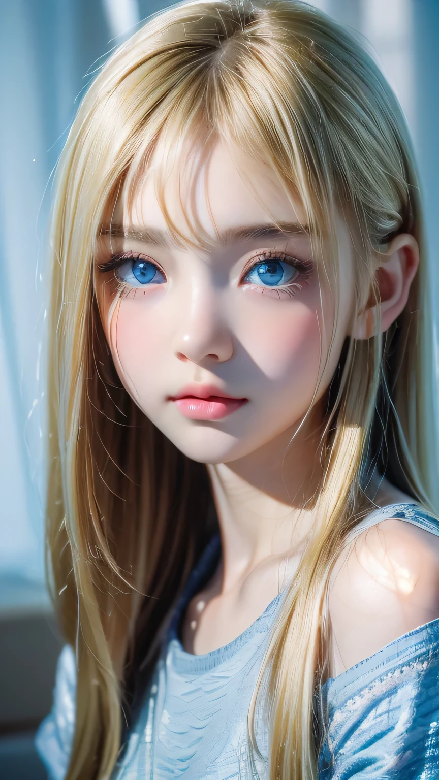 Dressed、(Photorealistic:1.4)、(Hyper-realistic:1.4)、(Realistic:1.3)、(Smooth lighting:1.05)、(Improved cinematic lighting quality:0.9)、32K、1 Girl、Very cute expression、A beautiful 16 year old blonde girl、Realistic top lighting、Backlight、Face Light、super long platinum blonde silky hair、、Beautiful bangs、bangs over eyes、Ray tracing、(Bright light:1.2)、(quality improvement:1.4)、(Highest quality realistic textured skin:1.4)、Very beautiful detailed large shining light blue eyes、Very big eyes、Detailed face、A careful eye for quality、(Tired, sleepy and satisfied: 0.0)、Face close up、T-Shirts、(Enhances the body line:1.1)、(Enhances the beauty of skin texture:1.1)、Cheek gloss highlight、Small Face Beauty、Round face