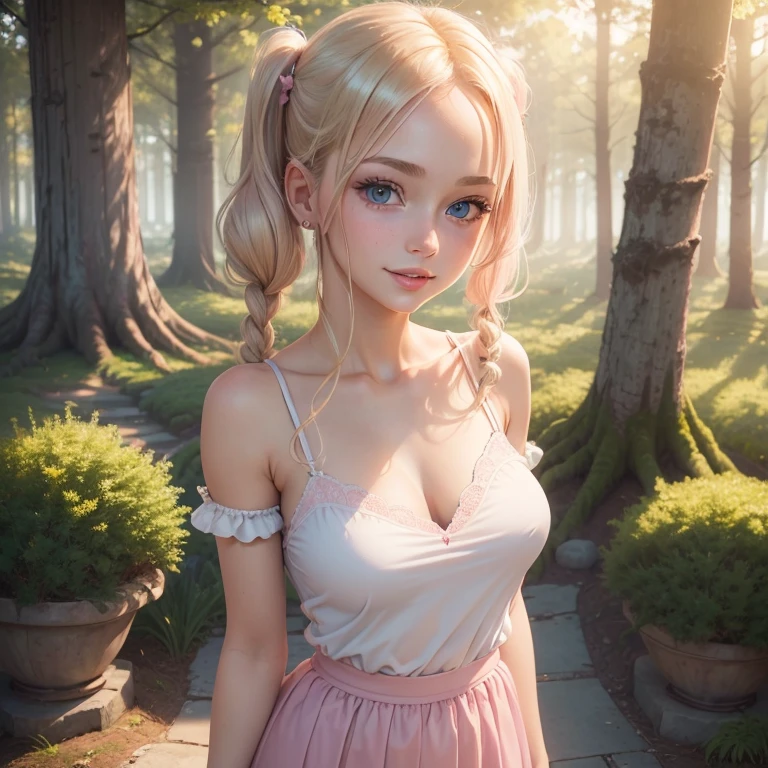(masterpiece, best quality:1.4), (8K), Young blonde beauty, (((18 years old, neat girl))), detailed blue eyes, long eyelashes, blush, kind smile, horny, upper body, short top, pink skirt, (looking at viewer), ((close up)), beautiful blonde hair, white-skinned, bangs, pigtails, standing, (medium size breasts), (mushroom forest, celestial forest, beautiful and magnificent pink sunshine, majestic sky), natural light)