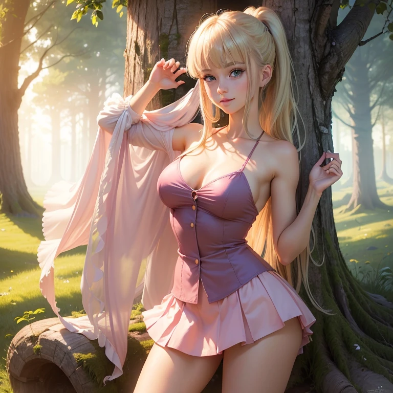 (masterpiece, best quality:1.4), (8K), Young blonde beauty, (((18 years old, neat girl))), detailed blue eyes, long eyelashes, blush, kind smile, horny, upper body, short top, pink skirt, (looking at viewer), ((close up)), beautiful blonde hair, white-skinned, (bangs:1.3), ponytail, standing, (medium size breasts), (mushroom forest, celestial forest, beautiful and magnificent pink sunshine, majestic sky), natural light)