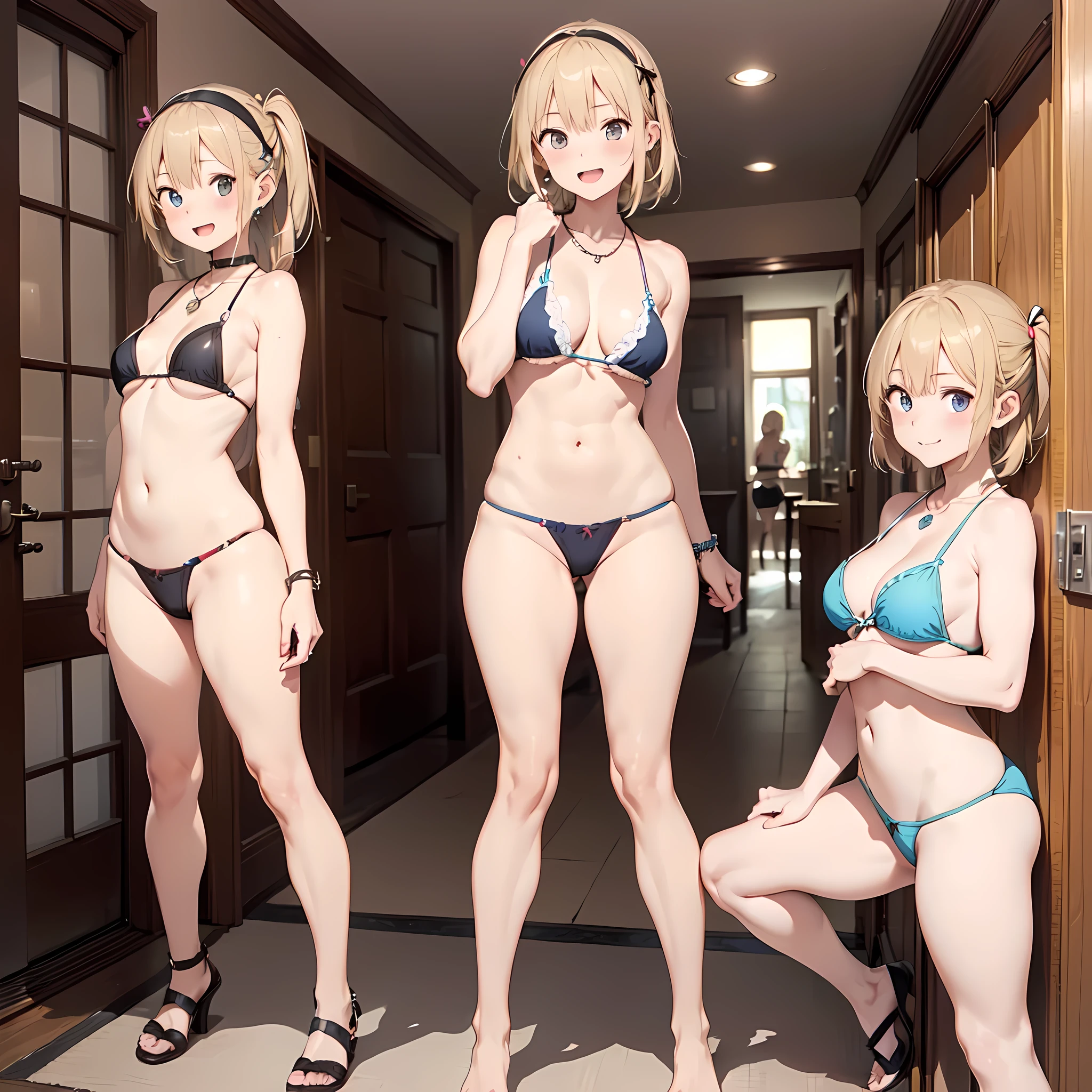 (three girls are sticking out their big butt boldly), (body shot), At the hotel, Laughing with your mouth open, (slender), hair band, Headband, hair bobbles, brown hair, blond hair, navel, jewelry, looking at viewer, necklace, long hair, short hair, Abdominal muscles, Thong,