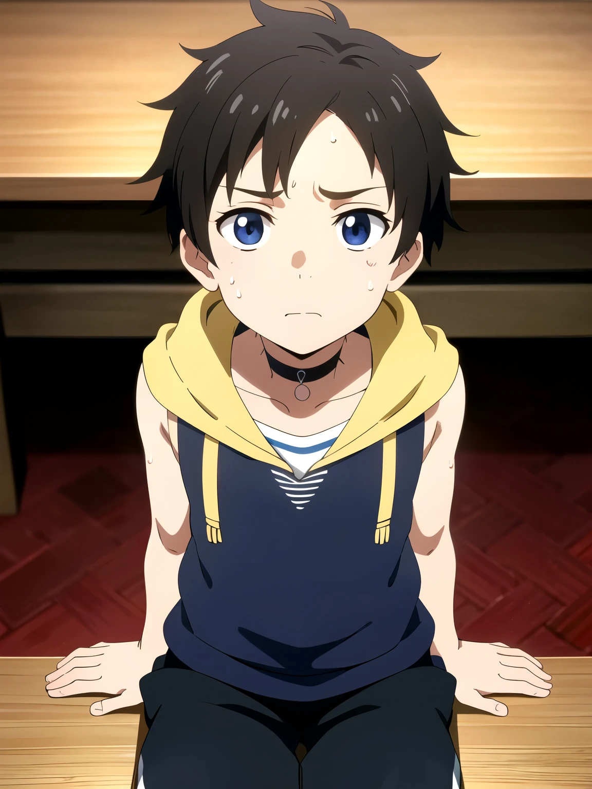 Highres, Masterpiece, Best quality at best,Best Quality,hight quality, hight detailed, 1boy, Boy,Fluffy hair, Side bangs, Shota, Dark skin, , Sweat, Sleeveless hoodie, Choker, Collarbone, Depth of field, Anime screencap style, thin line, Sitting on the chair, Seen from the front, Little sweat,  boy, (very small and short stature), (very young boy), 12-yr-ooys, rry and simple beckground, Uhd