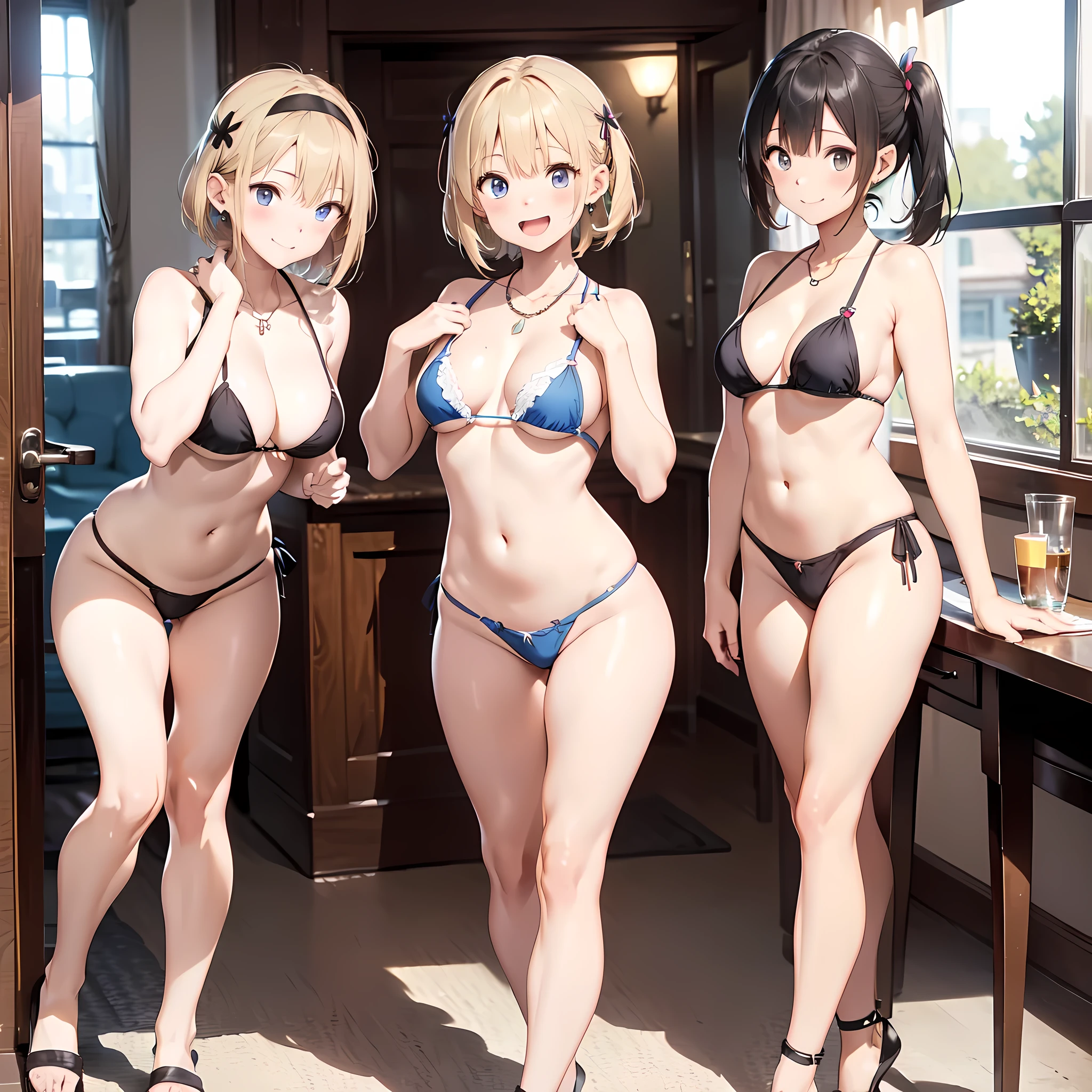 (three girls are sticking out their big butt boldly), (body shot), At the hotel, Laughing with your mouth open, (slender), hair band, Headband, hair bobbles, brown hair, blond hair, navel, jewelry, looking at viewer, necklace, long hair, short hair, Abdominal muscles, Thong,