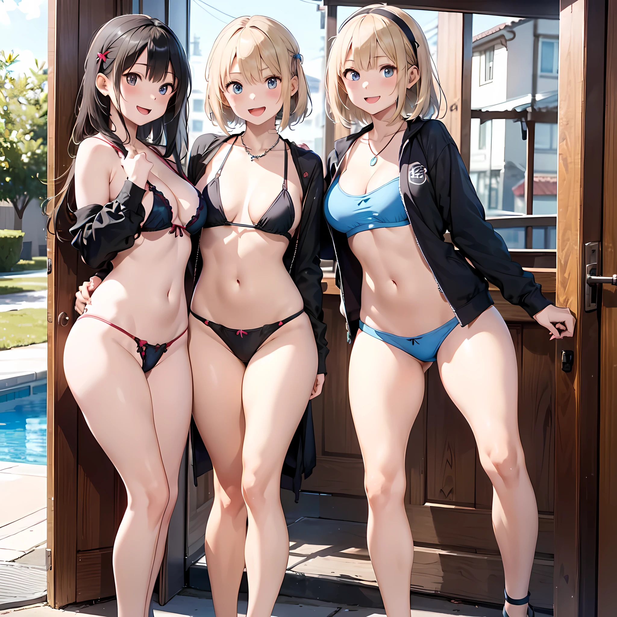 (three girls are sticking out their big butt boldly), (body shot), At the hotel, Laughing with your mouth open, (slender), hair band, Headband, hair bobbles, brown hair, blond hair, navel, jewelry, looking at viewer, necklace, long hair, short hair, Abdominal muscles, Thong,