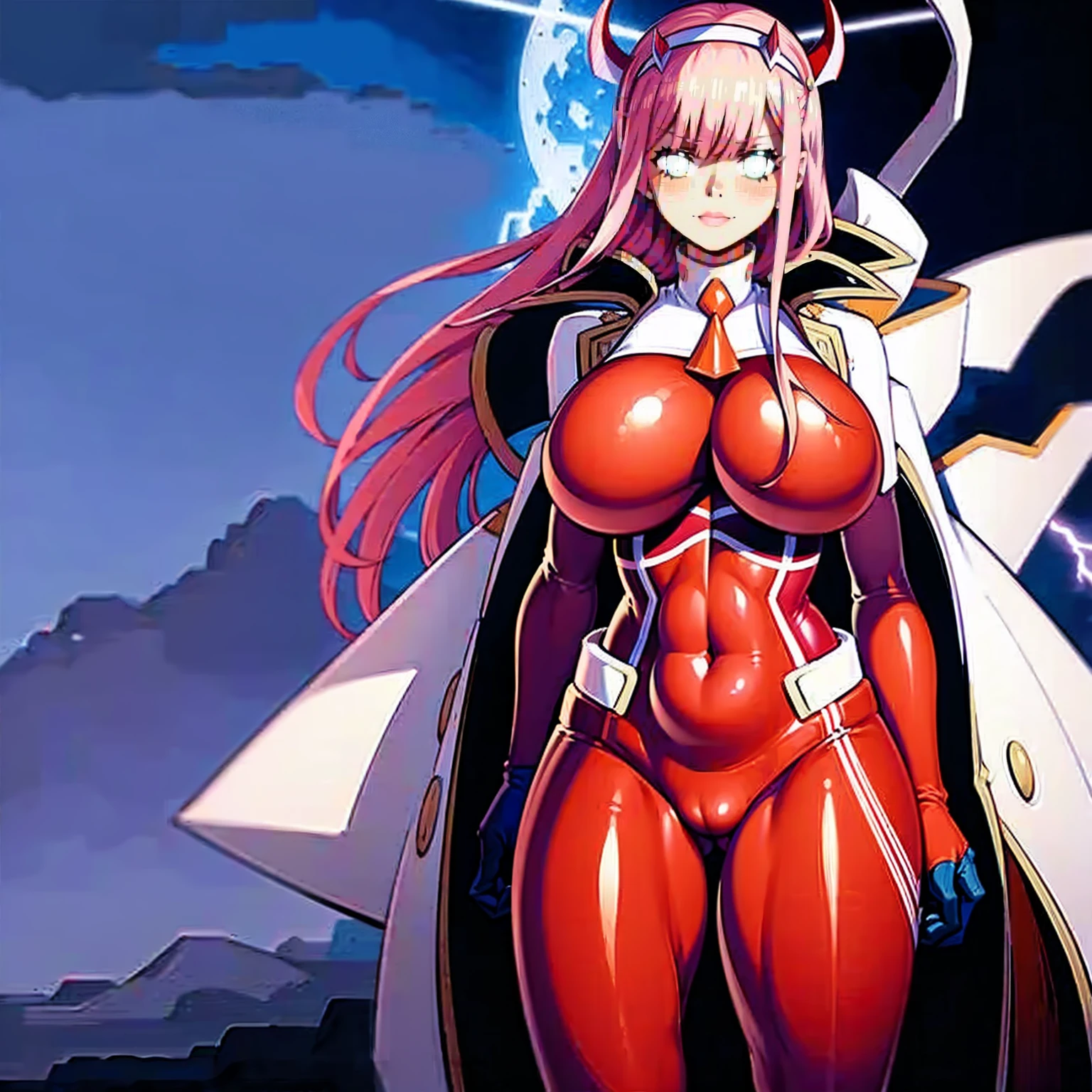 masterpiece, best quality, IncrsLowTier, electricity, glowing eyes zerotwo horns, hairband, necktie, red dress, pantyhose horns, hairband, red bodysuit, armlet, mecha horns, hairband, white bodysuit, white gloves, cap, red dress, white gloves, jacket on shoulders, pantyhose, cyber_armor body_suit,huge_breast, tall female, fulll body, sun light, smile,, sun aura,, boots, standing, smile, lips, red lips,,,{best quality}, {amazing quality} {best quality},{amazing quality},, {absurdres},{{highres}}, {very aesthetic}, {detailed}, curvy, tall, huge breast, character focus, white background,full-length portrait,, huge hips, huge muscles, huge thighs, curvaceous, venus figure,full body, full portrait, blue eyes, smiling ,happy,full body, boots