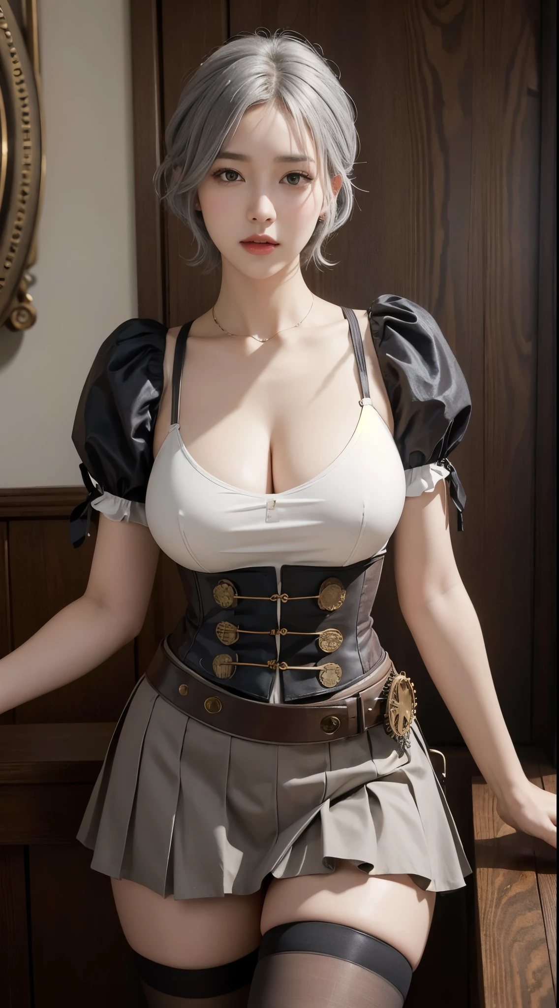 (((steampunk))),Ultra-realistic 8K CG, picture-perfectionな顔, perfection, clean, masterpiece, Professional artwork, Famous works of art, perfectionな顔, Beautiful Face, beautiful eye, ((perfectionな女性の体)),Large Breasts, alone,, ,skirt,,blush,Seductive look,Very detailed_eye,Thick thighs,((Gray Hair)), short hair,, Beautifully detailed backgrounds,Depth of written boundary,,BDSM,Skin dents,whole body,shirt,, pantyhose,