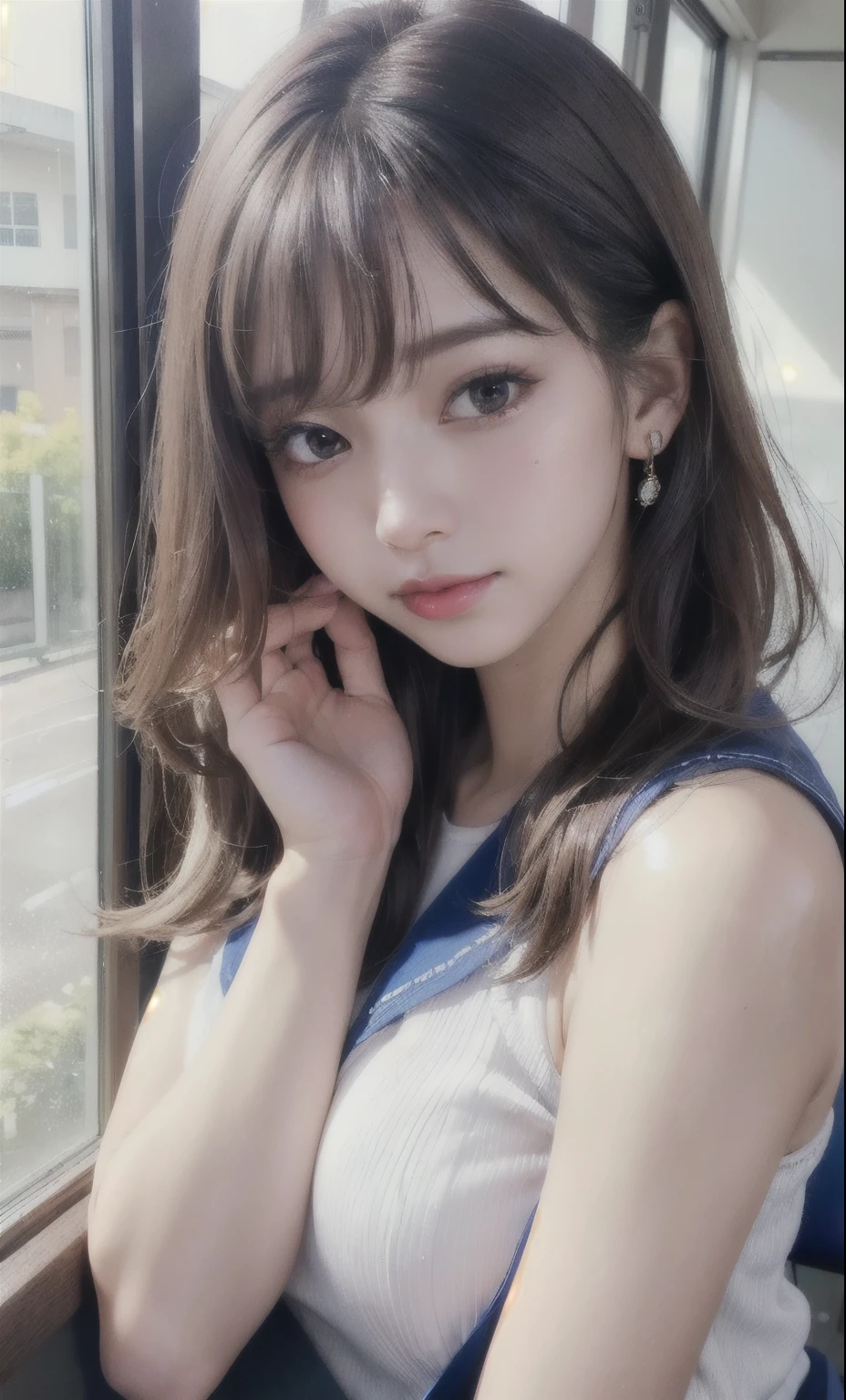 (8k, RAW Photos, Realistic:1.25) ,( Lip gloss, eyelash, Shiny surface, Glowing Skin, highest quality, Ultra-high resolution, Depth of written boundary, chromatic aberration, Caustics, Wide lighting, Natural Shading,K-Pop Idols) She gazes upon the viewer with a calm, goddess-like happiness., High school classroom, Sailor suit, mini skirt