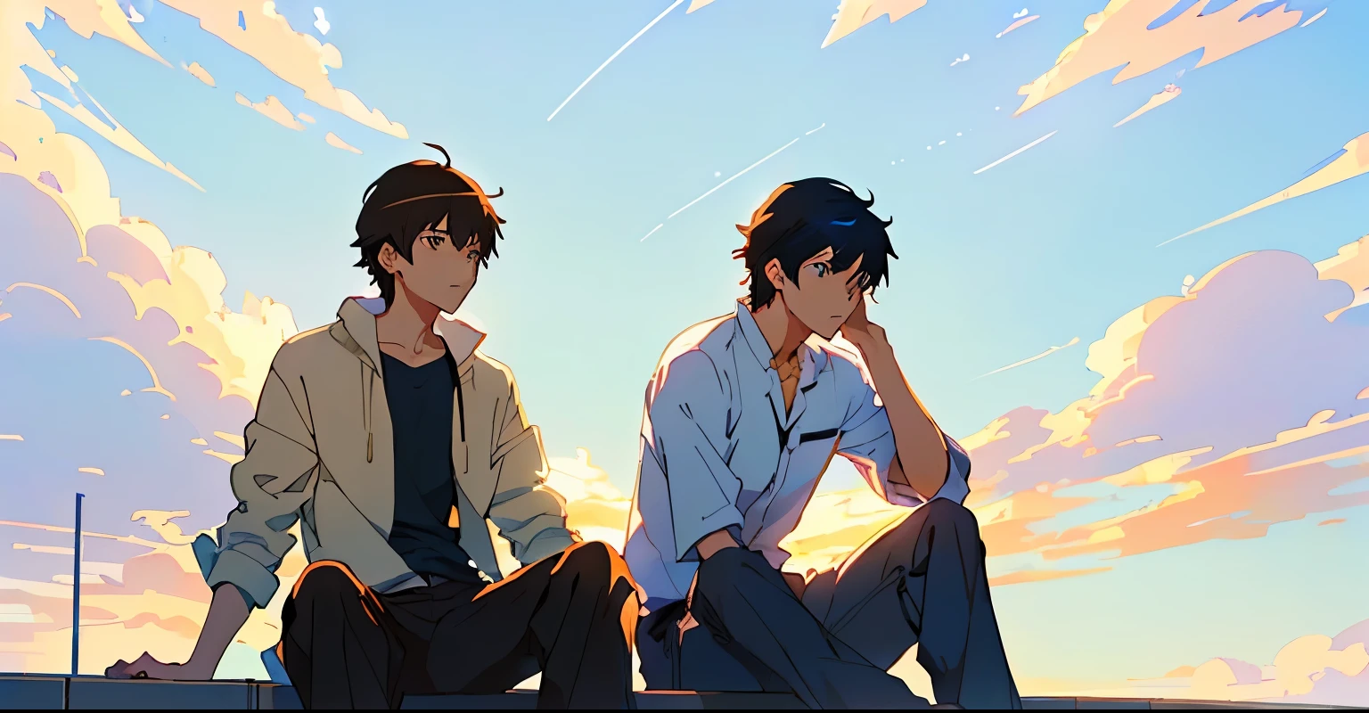 personajes de anime sentados en una repisa con un fondo de cielo, Moebius y Makoto Shinkai, dos hombres guapos anime, estilo de makoto shinkai, yusuke murata y makoto shinkai, Today's featured anime still., ( ( makoto shinkai ) ), in estilo de makoto shinkai, makoto shinkai y (cain kuga)