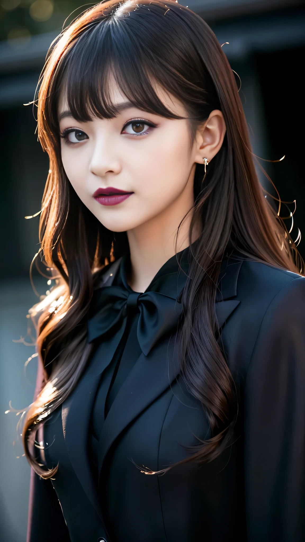 best quality、ultra-detailed、4k、Japanese、Seductive beauty、seductive adult woman、Pretty Woman、cool girl、Villainess、Brainwashed、brainwash、Fallen into evil、smirk、Evil look、Wicked Smile、evil、Brown hair、wavy hair、swept bangs、dark makeup、dark makeup、piercing eyes、hollow eyes,half-closed eyes、Hollow Eyes、purple Eyeshadow、black lipstick、black lipglos、suit、Jacket、Black Ribbon、Frilled blouse、flare skirt、night、inside darkroom、Has a switch、Emblem of Evil、Crest of Darkness、Swear allegiance、I have pledged my allegiance、Dye black、Blackening、Stained with evil、Dyed in darkness、
