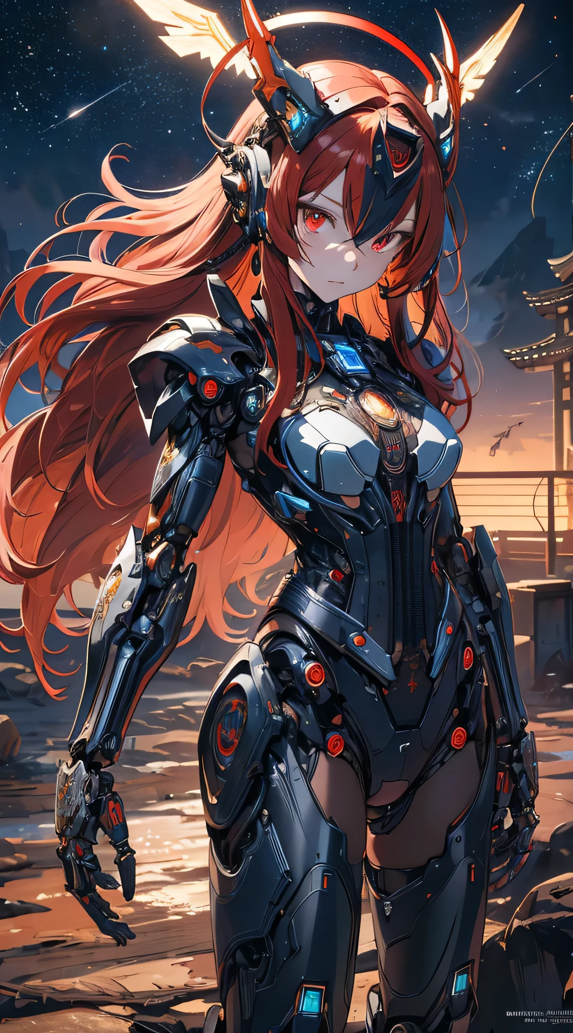 masterpiece,best quality,ultra-detailed,very detailed illustrations,extremely detailed,intricate details,highres,super complex details,extremely detailed 8k cg wallpaper,cowboy shot, caustics,reflection,ray tracing, demon theme,nebula,dark aura,cyber effect, solo ,alone, mecha musume,mechanical parts, robot joints,single mechanical arm, headgear, mechanical halo,star halo,intricate mechanical bodysuit, mecha corset, full armor, very long hair,Red hair, hair between eyes, multicolored hair, colored inner hair, red eyes random expressions,random action, ancient japanese architecture,pond, starry sky,skyline, (little girl:1.4)