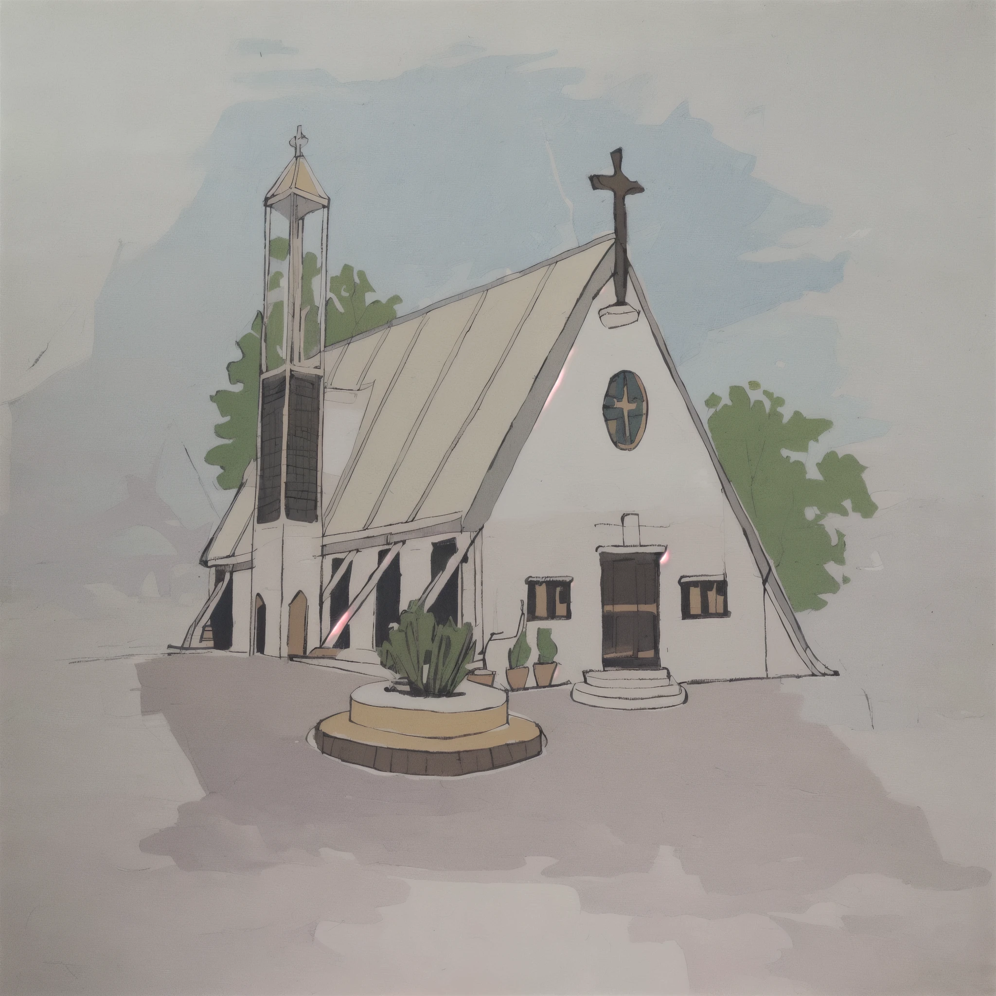 There is a painting,There is a church in the painting,There is a fountain in front, church painting, by Ari Smit, author:Hubert van Ravestein, Artist's impression, Inspired by Egbert van Heemskerk, Cartoon and simple, author:Colin de Cote, Inspired by Johannes van Hansbergen, Inspired by Gerard Soest