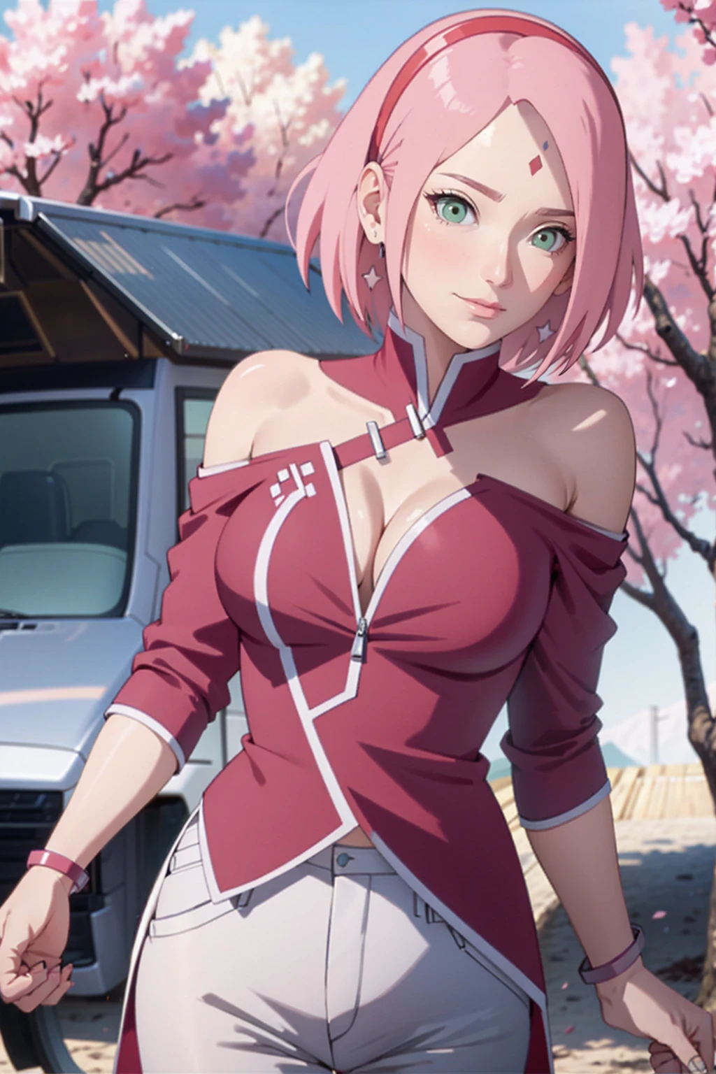 tmasterpiece， Best quality at best， 1girll， Sakura Haruno， Large breasts，Off-the-shoulder attire，（cleavage)，（upperbody closeup)，Raised sexy，is shy，ssmile，with pink hair，short hair， （Green eyeballs:1.4)， Forehead protection， the cherry trees，Cherry blossoms flying，Red clothes，Zipper half, white pant