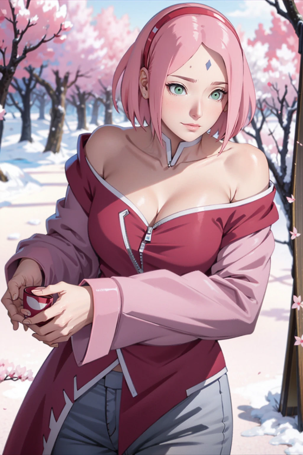 tmasterpiece， Best quality at best， 1girll， Sakura Haruno， Large breasts，Off-the-shoulder attire，（cleavage)，（upperbody closeup)，Raised sexy，is shy，ssmile，with pink hair，short hair， （Green eyeballs:1.4)， Forehead protection， the cherry trees，Cherry blossoms flying，Red clothes，Zipper half, white pant