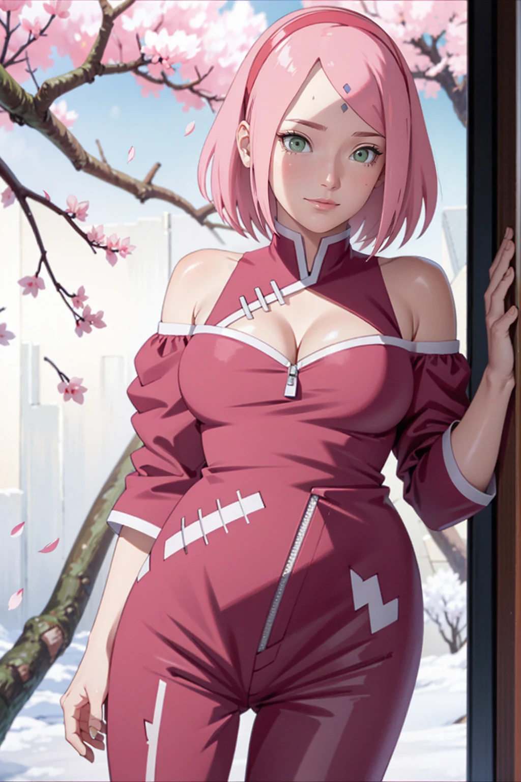 tmasterpiece, Best quality at best, 1girll, Sakura Haruno, Large breasts,Off-the-shoulder attire,(cleavage),(upperbody closeup),Raised sexy,is shy,ssmile,with pink hair,short hair, (Green eyeballs:1.4), Forehead protection, the cherry trees,Cherry blossoms flying,Red clothes,Zipper half