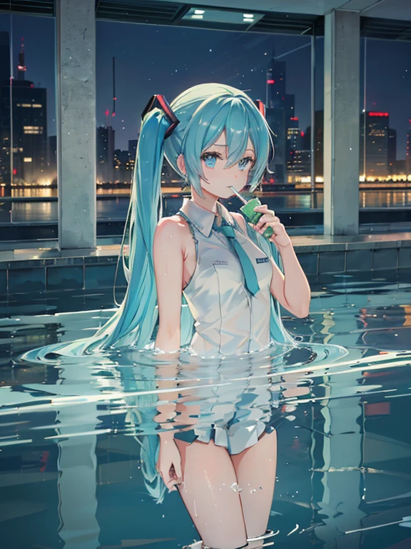 dressed in uniform hatsune miku swimming in footbath in front of the station,(((watching it’s precise exact mirror image glowing reflection in water as its drinking )))