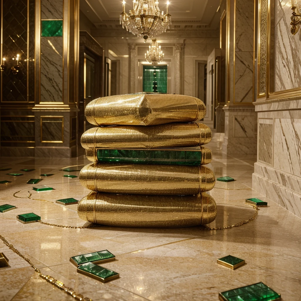 Stacks of hundred dollar bills in the middle of a mansion with marble floors diamonds, gold, rubies, and emeralds on the floor with money falling to the floor
