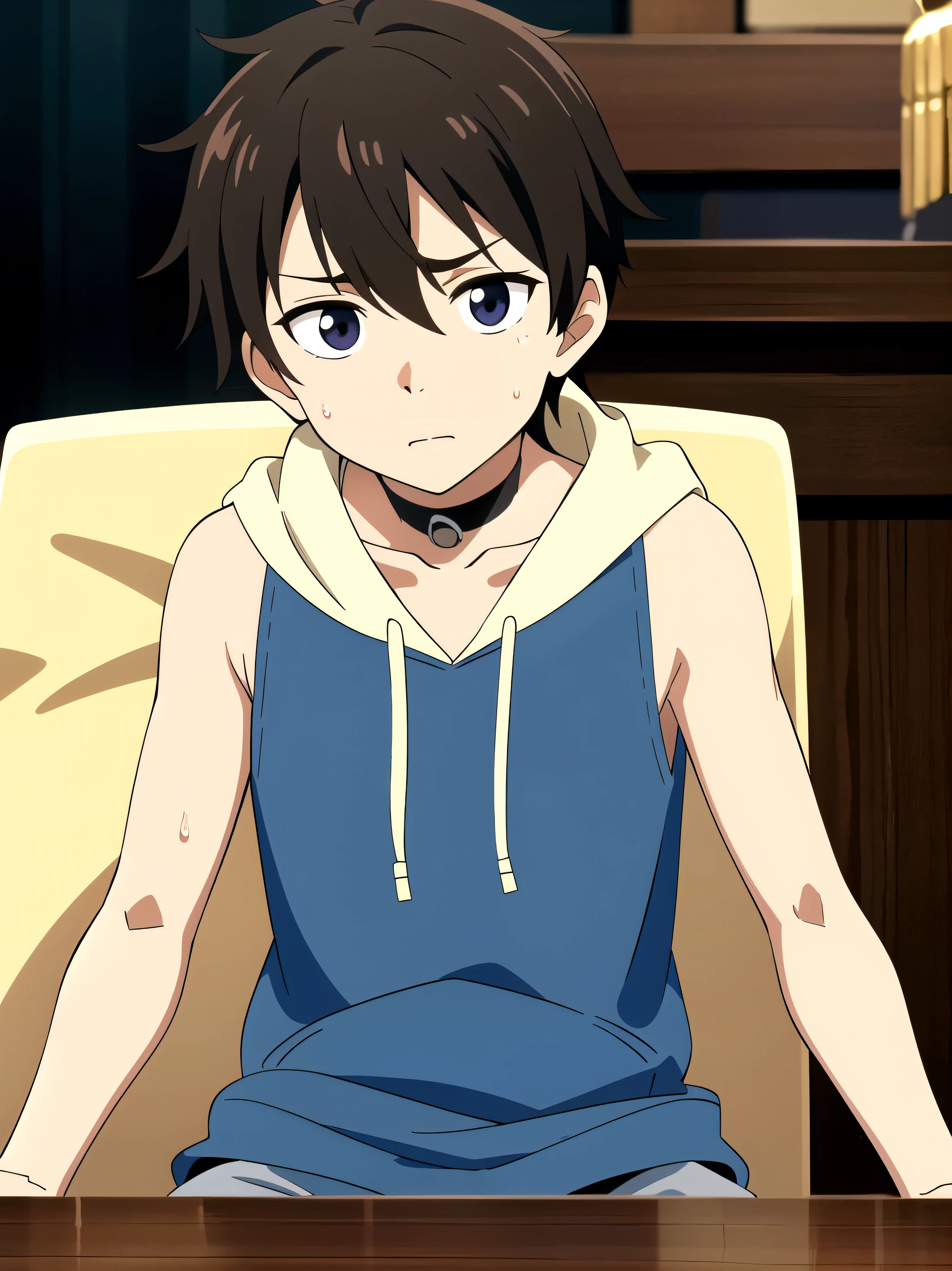 Highres, Masterpiece, Best quality at best,Best Quality,hight quality, hight detailed, Anime style, (), Body, Sleeveless hoodie, Seen from the front, Sitting in a chair, Hands on the table, Eating, Slim body, choker, Shy, sweat, Simple beckground, (very thin body), (very young y small and short body)