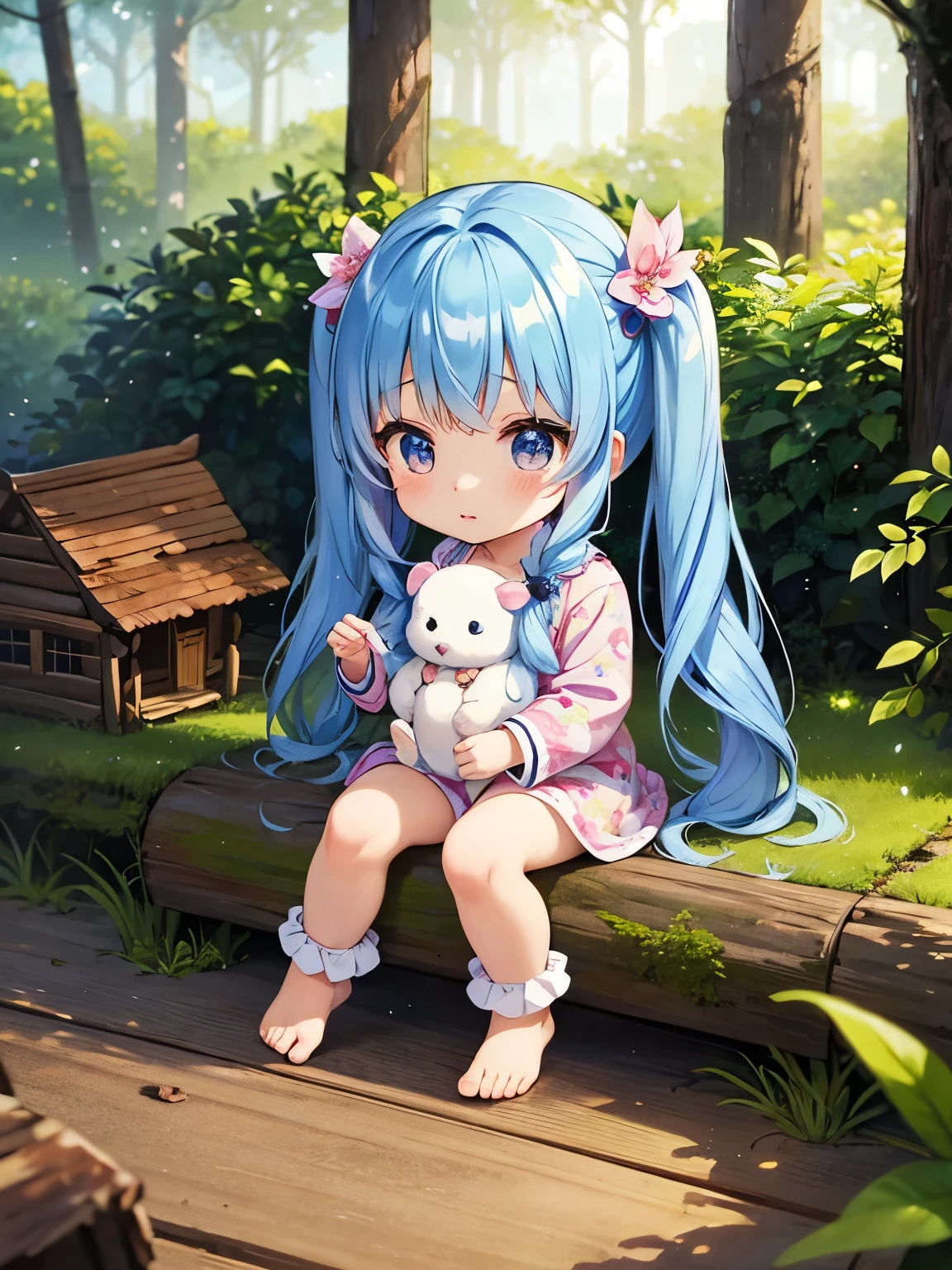 Fairyland、Cute Chibi Character、Lots of cute animals、Chibi character wearing cute floral pajamas、Blue Hair、Long Hair、Twin tails、with my dog、Log house in the forest、Sweets Forest