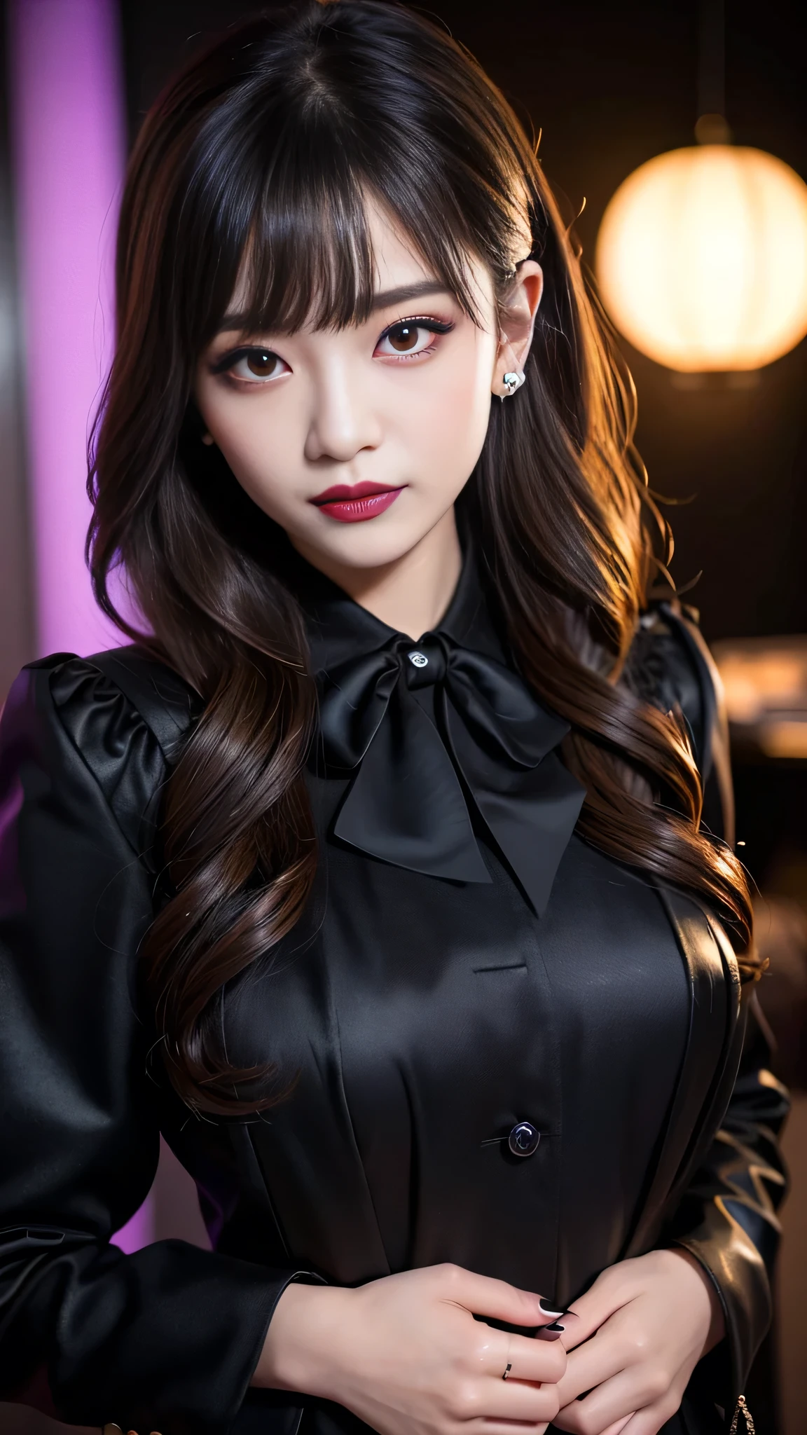 best quality、ultra-detailed、4k、Japanese、Seductive beauty、seductive adult woman、Pretty Woman、cool girl、Villainess、Brainwashed、brainwash、Fallen into evil、smirk、Evil look、Wicked Smile、evil、Brown hair、wavy hair、swept bangs、dark makeup、dark makeup、piercing eyes、hollow eyes,half-closed eyes、Hollow Eyes、purple Eyeshadow、black lipstick、black lipglos、suit、Jacket、Black Ribbon、Frilled blouse、flare skirt、night、inside darkroom、Has a switch、Emblem of Evil、Crest of Darkness、Swear allegiance、I have pledged my allegiance、Dye black、Blackening、Stained with evil、Dyed in darkness、Whisper in my ear