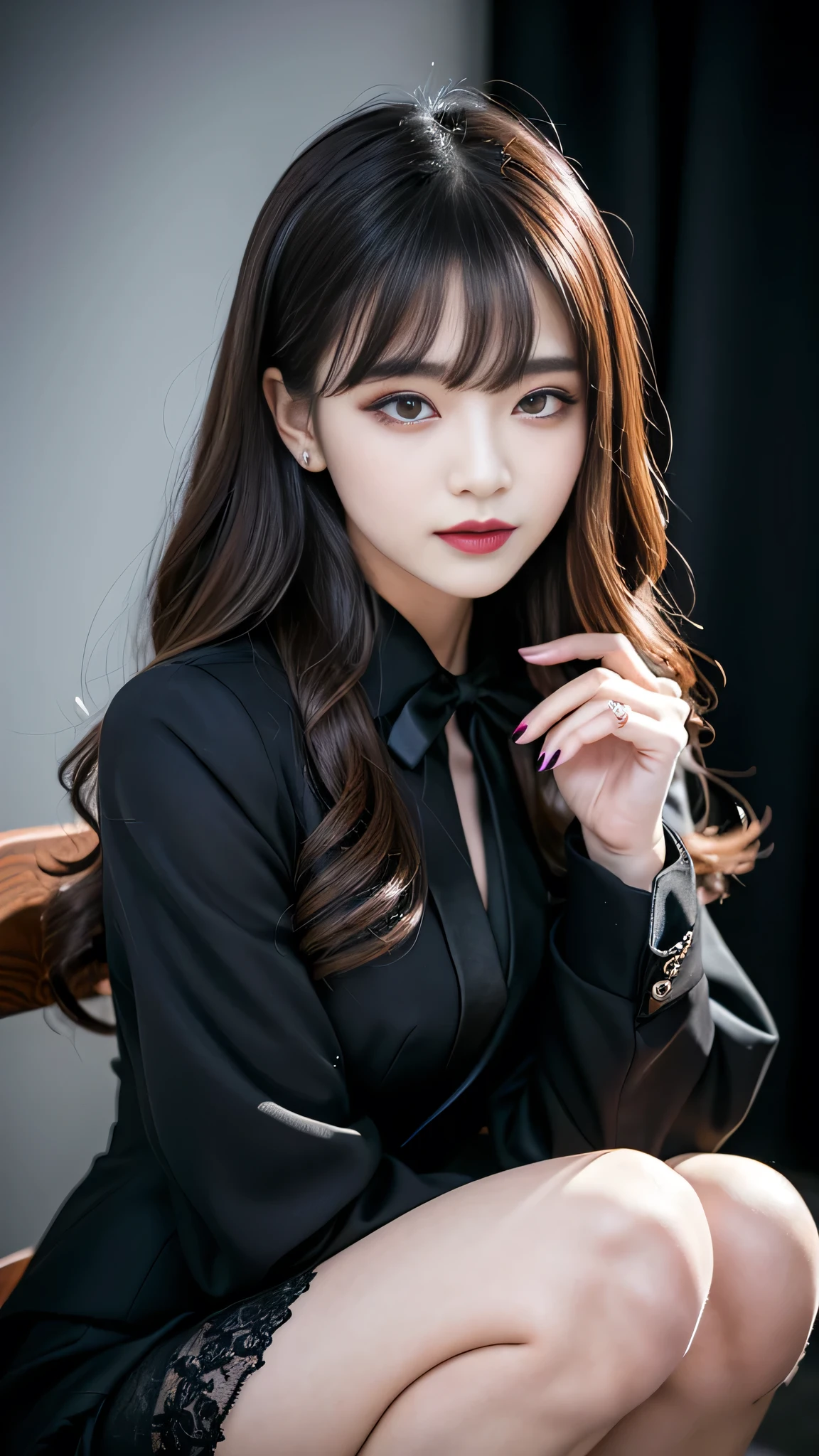 best quality、ultra-detailed、4k、Japanese、Seductive beauty、seductive adult woman、Pretty Woman、cool girl、Villainess、Brainwashed、brainwash、Fallen into evil、smirk、Evil look、Wicked Smile、evil、Brown hair、wavy hair、swept bangs、dark makeup、dark makeup、piercing eyes、hollow eyes,half-closed eyes、Hollow Eyes、purple Eyeshadow、black lipstick、black lipglos、suit、Jacket、Black Ribbon、Frilled blouse、flare skirt、night、inside darkroom、Has a switch、Emblem of Evil、Crest of Darkness、Swear allegiance、I have pledged my allegiance、Dye black、Blackening、Stained with evil、Dyed in darkness、Whisper in my ear