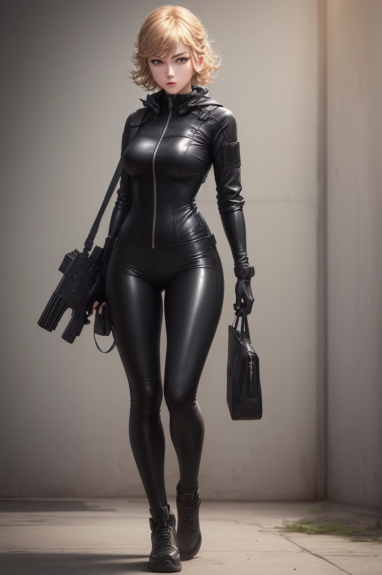 there is a woman in a black leather outfit holding a gun, photograph of a techwear woman, tatsumaki from one punch man, quiet from metal gear solid v, quiet from metal gear solid, female lead character, female spy, wearing a full leather outfit, dark natasha, full body shot, ((full body shot)), wearing black latex outfit