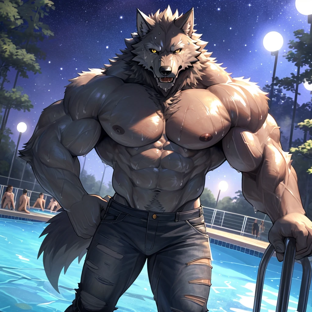 masterpiece,high quality,anime, ultra detailed
, Ripping off one&#39;s clothes
, 毛むくじゃらの雄の黒Wolf, Wolf, great physique,Strong arms, manly
, Completely naked, Black outfit, Black tank top, Clothes that cling to muscles, (Tattered clothes:1.1), ((Excessive sweating))
, Fine grain, Painful eyes, Painful expression, Grit your teeth

, black tongue, A large amount of saliva, Abundant tears from the mouth, Excessive steam from the mouth, White breath coming out of the mouth,
, Dark penis, A lot of semen, Big cock, erection, Upward curved penis, Very long penis
, ejaculate, A lot of semen, A lot of milk overflowing from the tip of the penis , Big cockの先から溢れるA lot of semen, A penis with thick veins, A penis with thick veins, 陰茎の先から溢れるA lot of semen

, Poolside, Night Sky, Joyful, From null-ghost,Pino Daeni