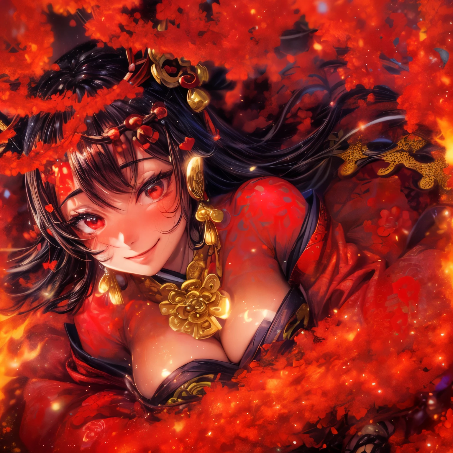 ((Mate Peace)), ((Up)), (Girl: 1.2), (Big breasts), (Black hair, short cut: 1.3), (Cute pose: 1.2), Plump and glossy lips, beautiful clear eyes, (Vest (Smile), Spoken Heart, (Perfect Hand: 1.2), (Red Theme: 1.4), (With Oiran: 1.3), (Maxi-length black kimono [with gold]) Obi: 1.4), (Delicate gold embroidery) Flashy Pattern: 1.3), (Off shoulder: 1.4), (Clogs: 1.2), (Flashy hair ornament: 1.3), (Super huge ribbon in front: 1.2), Waist: 1.3), Low angle shot, (Enchanting light ), Moonlight: 1.4), Fire swirls and filigree, Rainbow colored bubbles, Fantastic sparkles, Magical hologram glow, Flame effects, Must-have, Top quality, Super detail, Masterpiece,