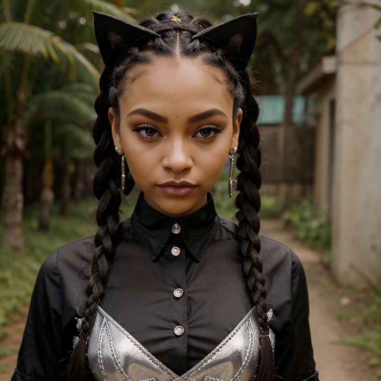Character inspired by a gender-neutral Bratz doll, pele marrom, medium tone, with small black box braids with cat eyelashes and a diamond grid with a designer shirt in nature town