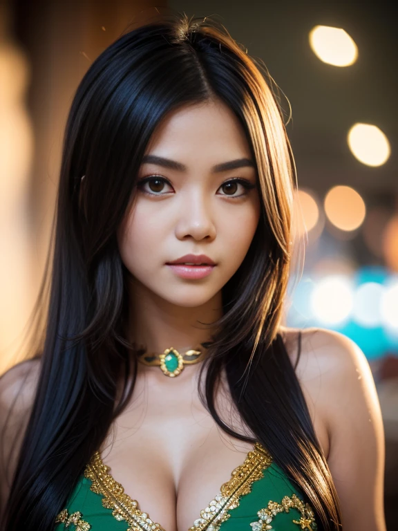 (best quality,4k,8k,highres,masterpiece:1.2),ultra-detailed,realistic,photorealistic:1.37,indonesian woman,student high school cosplay,beautiful detailed eyes,beautiful detailed lips,extremely detailed face,long eyelashes,beauty big breasts,long black hair,pubic hairs,cosplay costume,sexy pose,playful expression,green eyes,warm lighting,colorful background,bokeh,portrait style,vivid colors, in a restourant
