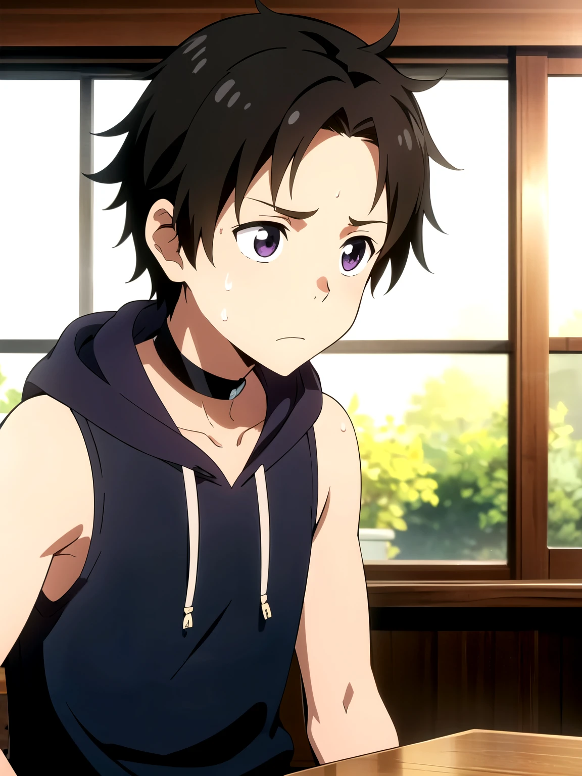 Highres, Masterpiece, Best quality at best,Best Quality,hight quality, hight detailed, 1boy, Boy,Fluffy hair, forehead open, Shota, Sweat, Sleeveless hoodie, Choker, Collarbone, Depth of field, Anime Screencap Style, thin line, Sitting on the chair, Seen from the front, Little sweat, Cute boy, (very small and short stature), (very young boy), -yeld bo Blurry and simple beckground, bokeh, Uhd