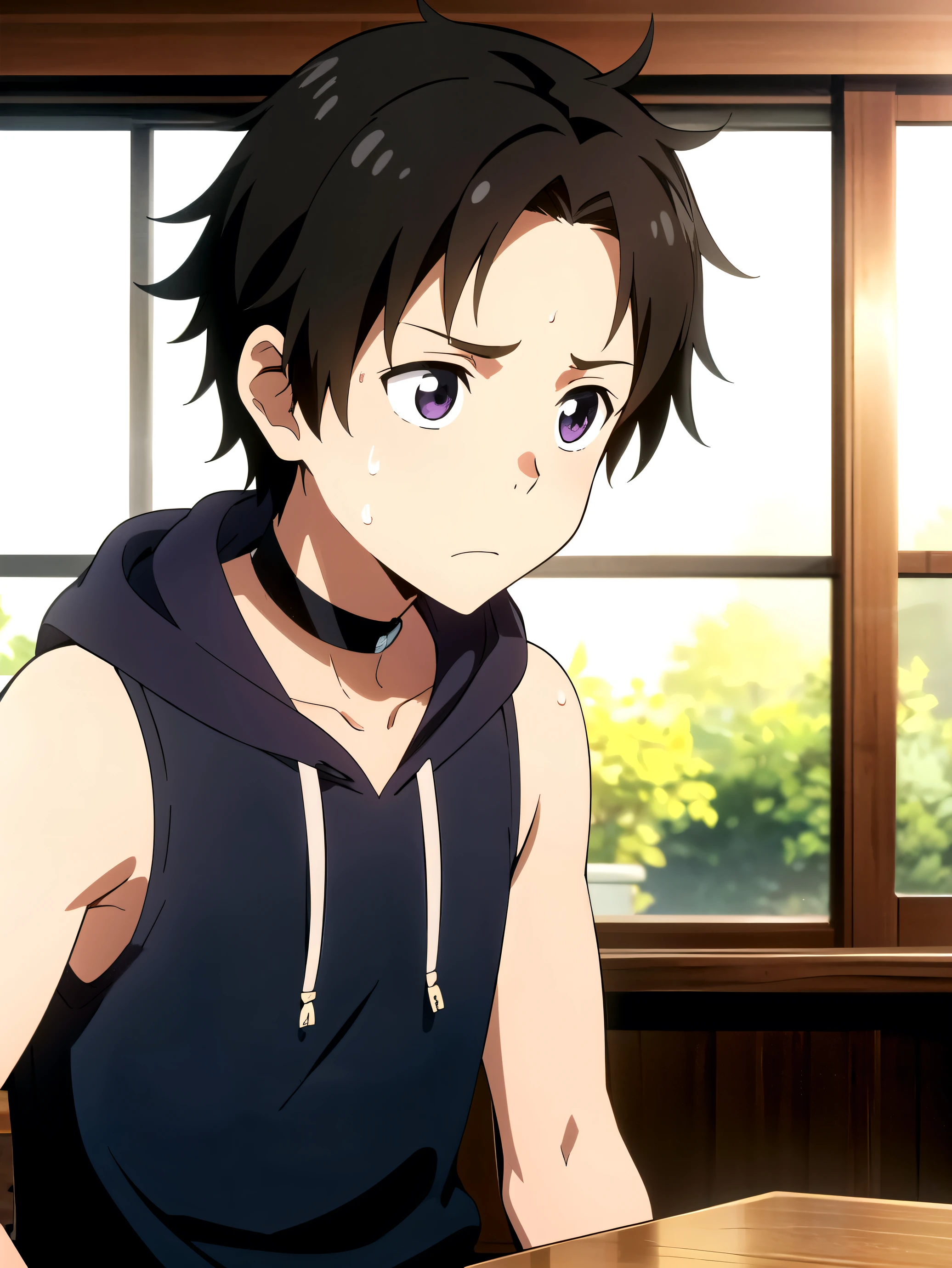 Highres, Masterpiece, Best quality at best,Best Quality,hight quality, hight detailed, 1boy, Boy,Fluffy hair, forehead open, Shota, Sweat, Sleeveless hoodie, Choker, Collarbone, Depth of field, Anime Screencap Style, thin line, Sitting on the chair, Seen from the front, Little sweat, Cute boy, (very small and short stature), (very young boy), 12-year-old boys, Blurry and simple beckground, bokeh, Uhd