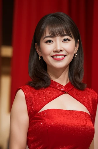 Masseter Film, highest quality, masterpiece, High resolution, realism, Original photo, 8k wallpaper, perfection, Professional Lighting, Very detailed, Written boundary depth, ((Beautiful woman in a sexy red Chinese dress)), ((Sexy 40 year old women)),, ((smile)), Detailed face, Beautiful Eyes,, bangs, She has big breasts and a nice figure, (Sexy look), Hair Bun, (Thick lips), Long legs,I can see your chest,Shoot from the front,Wear white stockings,Red High Heels,Standing in Chinatown