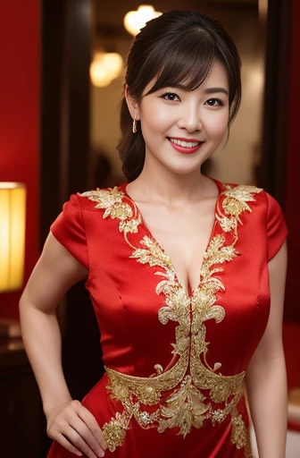 Masseter Film, highest quality, masterpiece, High resolution, realism, Original photo, 8k wallpaper, perfection, Professional Lighting, Very detailed, Written boundary depth, ((Beautiful woman in a sexy red Chinese dress)), ((Sexy 40 year old women)),,  ((smile)), Detailed face, Beautiful Eyes,, bangs, She has big breasts and a nice figure, (Sexy look), Hair Bun, (Thick lips), Long legs,I can see your chest,Shoot from the front,Wear white stockings,Red High Heels,Standing in Chinatown