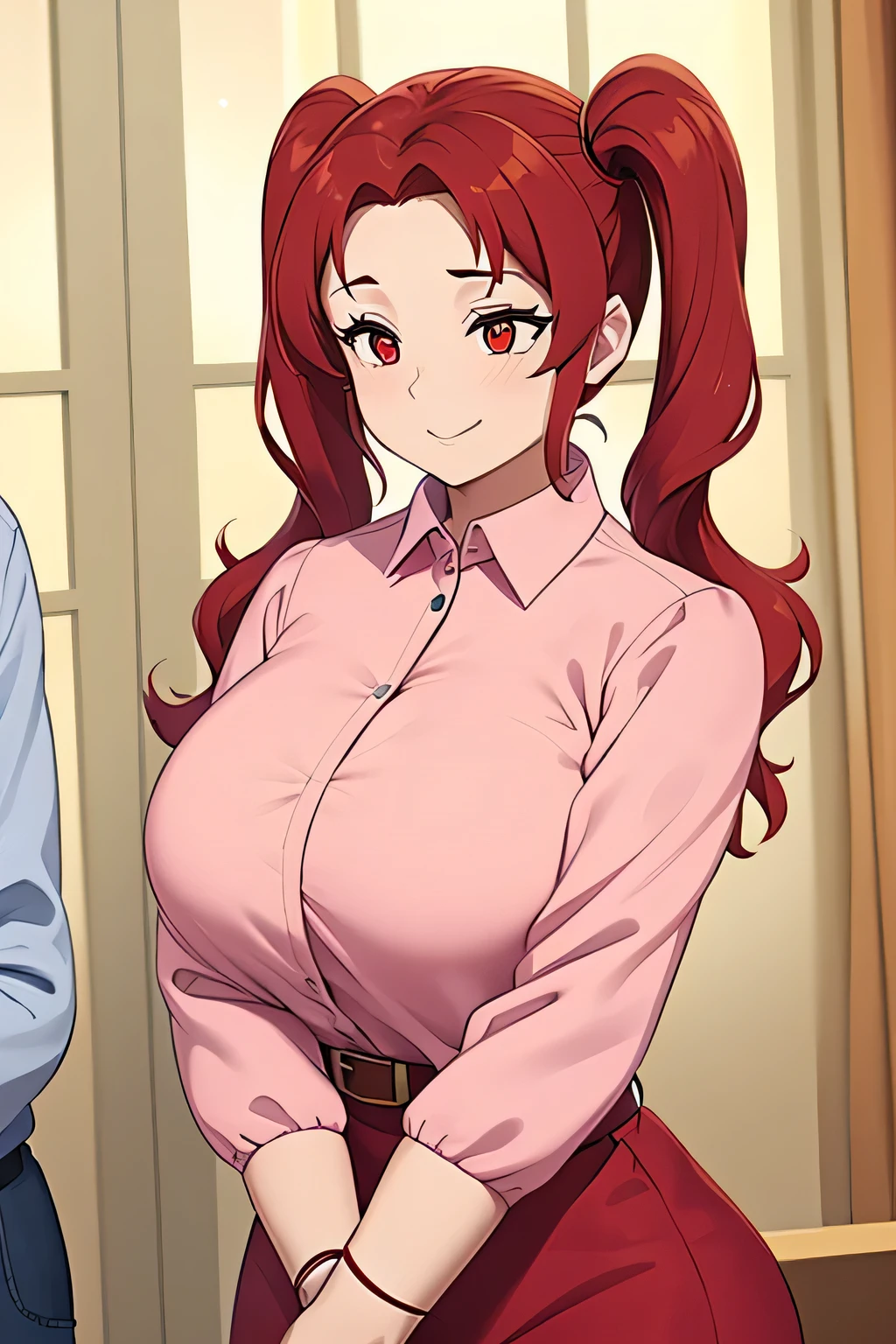 A beautiful woman in love cute tender beautiful specific mind pride I smiled huge chest red hair wavy fluffy two long pigtails round her red eye dots blue she dresses light pink blouse buttoned long sleeves arms down top yellow shirt and navy blue pants