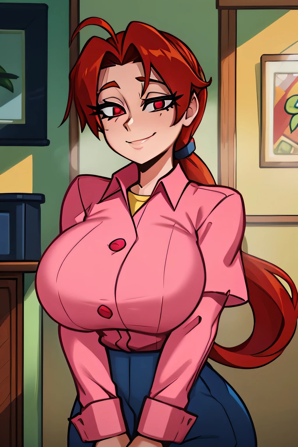 A beautiful woman in love cute tender beautiful specific mind pride I smiled huge chest red hair wavy fluffy two long pigtails round her red eye dots blue she wears a light pink blouse buttoned long sleeves arms under a yellow shirt and a navy blue pants 