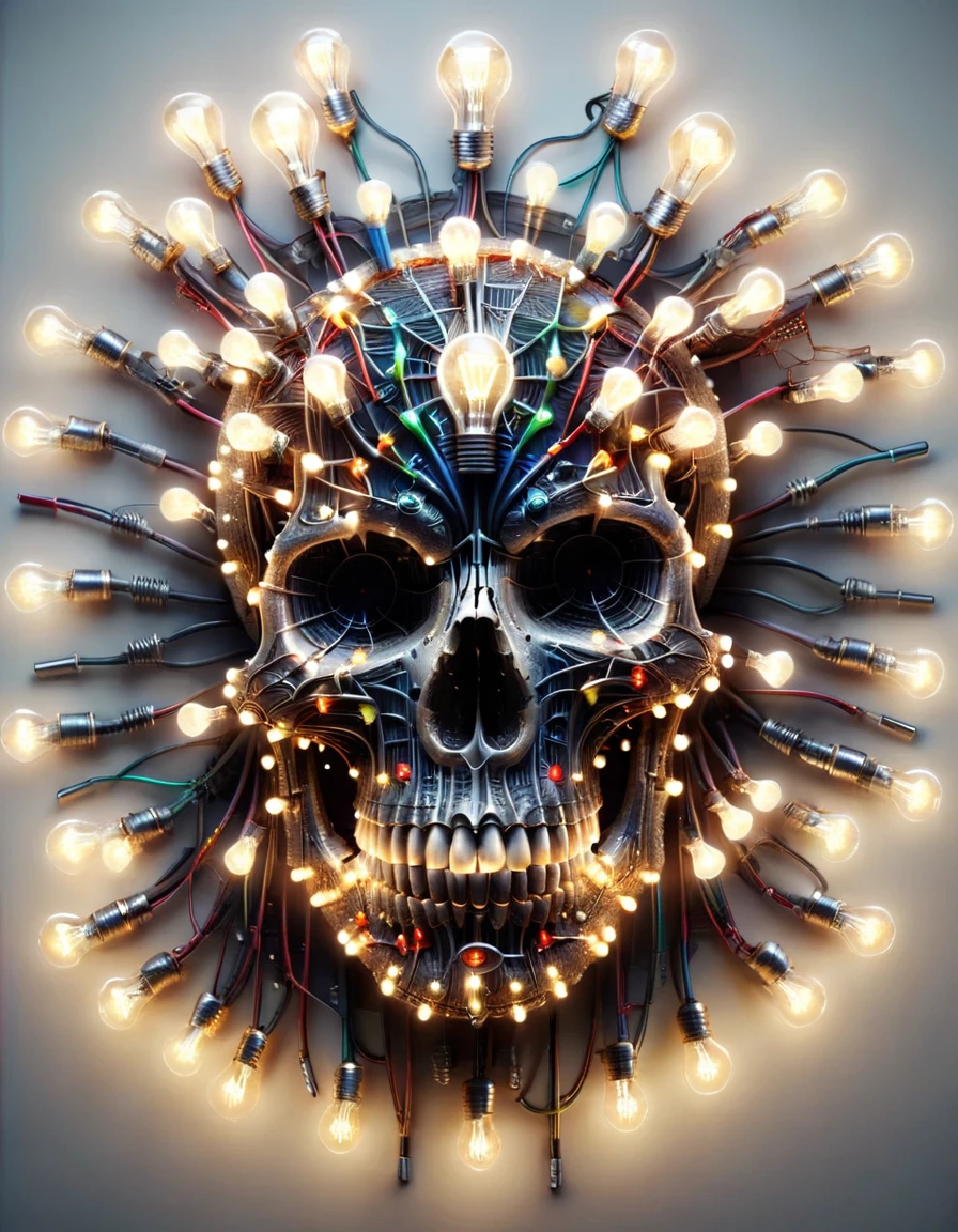 best quality,ultra-detailed,mechanical,colorful tubes and wires,severed skull in the center,ral-lgtblb style on a white background,spiderweb